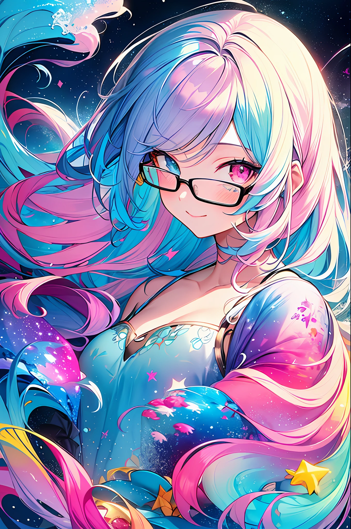 (Masterpiece, Best Quality, Best Quality, Watercolor (Medium), Official Art, Beautiful and Aesthetic: 1.2), (1 Girl: 1.3), (Fractal Art: 1.3), Whole Body, Watching Viewer, Pattern, (Iridescent Hair, Colorful Hair, Half Blue and Half Pink Hair: 1.2), Water, Liquid, Cloud, Colorful, Starry Sky, Stars, Smile, Glasses, Close Up, Heterochromia, (Colorful: 1.5)