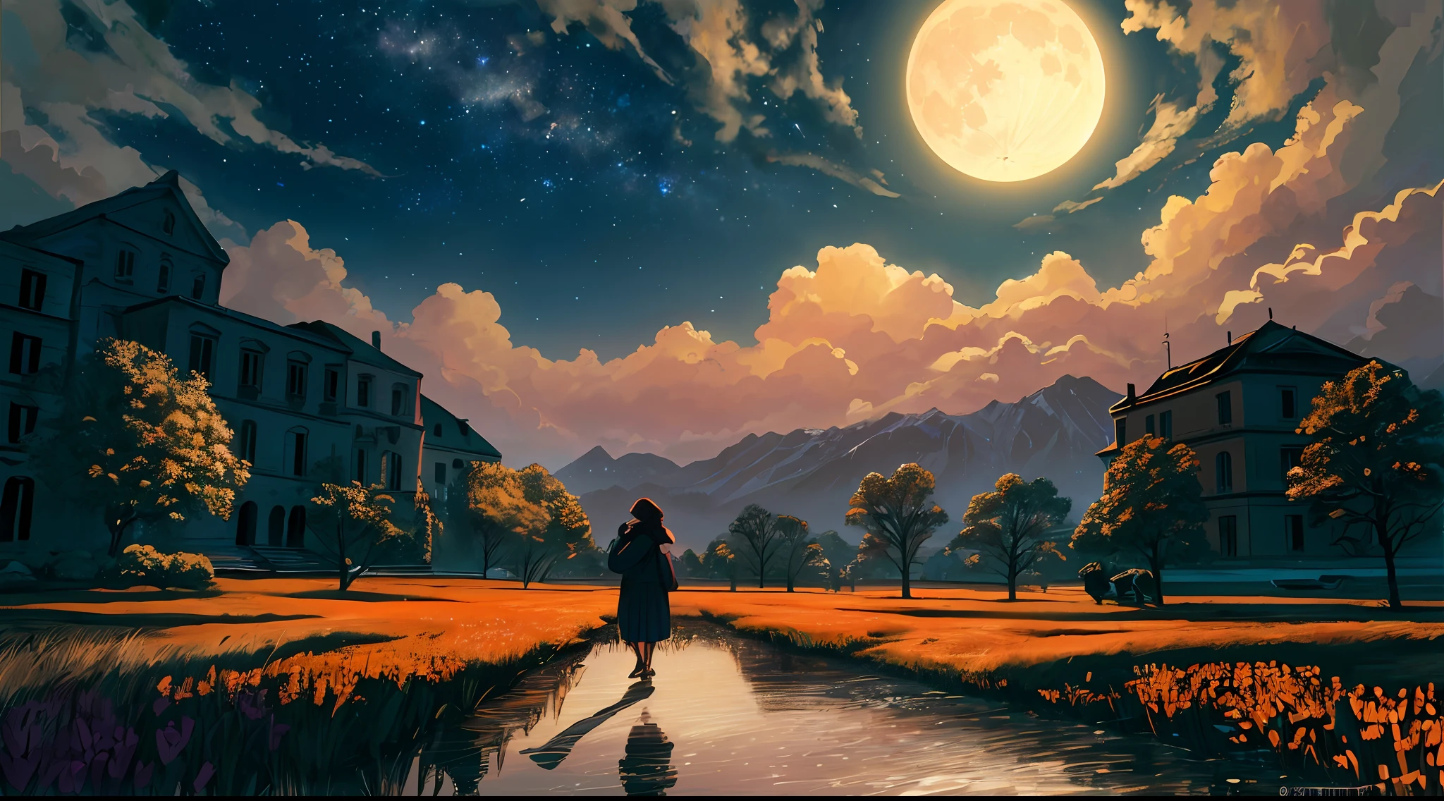 Expansive landscape photograph, (view from below with a view of the sky and wilderness below), little girl standing in a flower field looking up, (full moon: 1.2), (shooting star: 0.9), (nebula: 1.3), distant mountain, tree break production art, (warm light source: 1.2), (firefly: 1.2), lamp, purple and orange, intricate detail, volume lighting, realism break (masterpiece: 1.2) (Best Quality), 4K, Ultra-Detailed, (Dynamic Configuration: 1.4), Highly Detailed and Colorful Details, (Iridescent Colors: 1.2), (Glowing Lighting, Atmospheric Lighting), Dreamy, Magical, (Solo: 1.2)