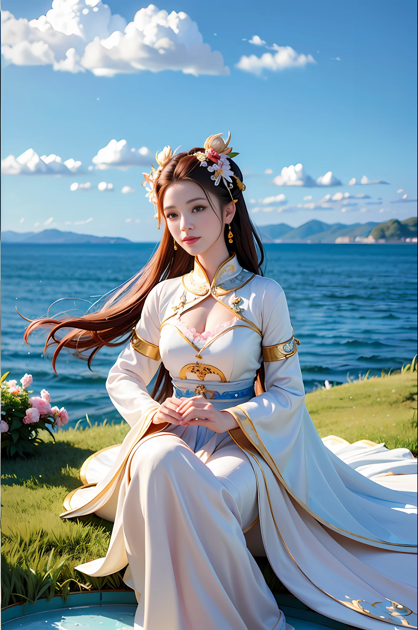 (best quality:1.4), ((masterpiece)),((realistic)), (detailed),(photorealistic:1.4), the painting shows a woman standing behind the clouds,Sit on an oriental dragon,in the style of fang lijun, love and romance, uemura shoen, (light white and light blue:1.1), flowing draperies, fresco painting, naomi tydemanDali style,