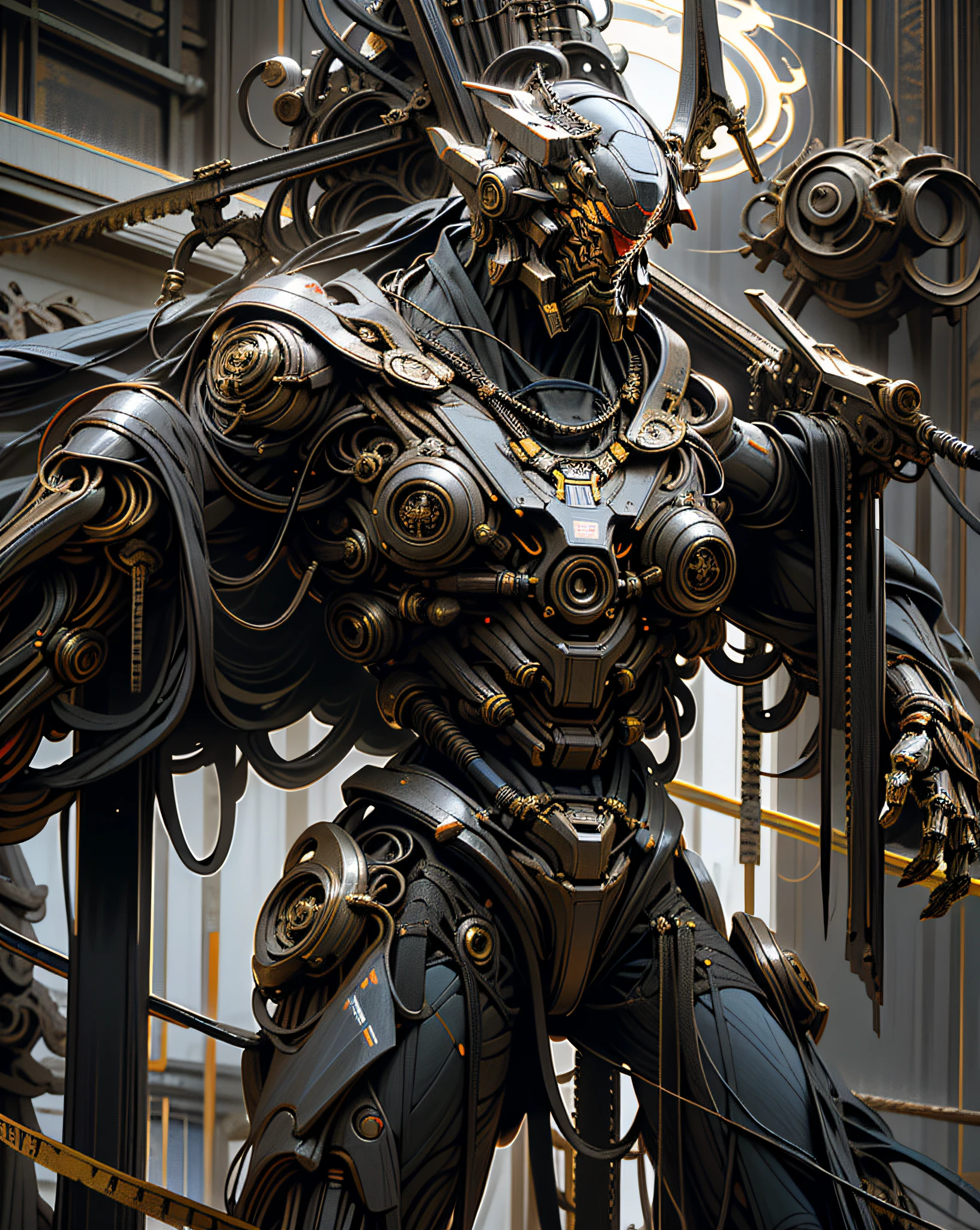 Dark_Fantasy,Cyberpunk,(chain saw,chain saw man,Red:1.1),1man,Mechanical marvel,Robotic presence,Cybernetic guardian, wearing a worn-out mech suit, intricate, (steel metal [rusty]), elegant, clear focus, shot by greg rutkowski, soft lighting, vibrant colors, masterpiece, ((street)), cowboy shot, dynamic pose,