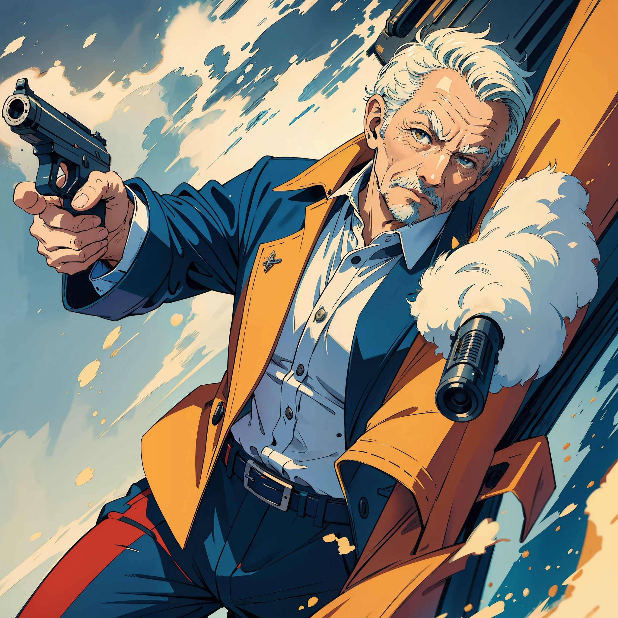 The old man pointed a pistol at the front