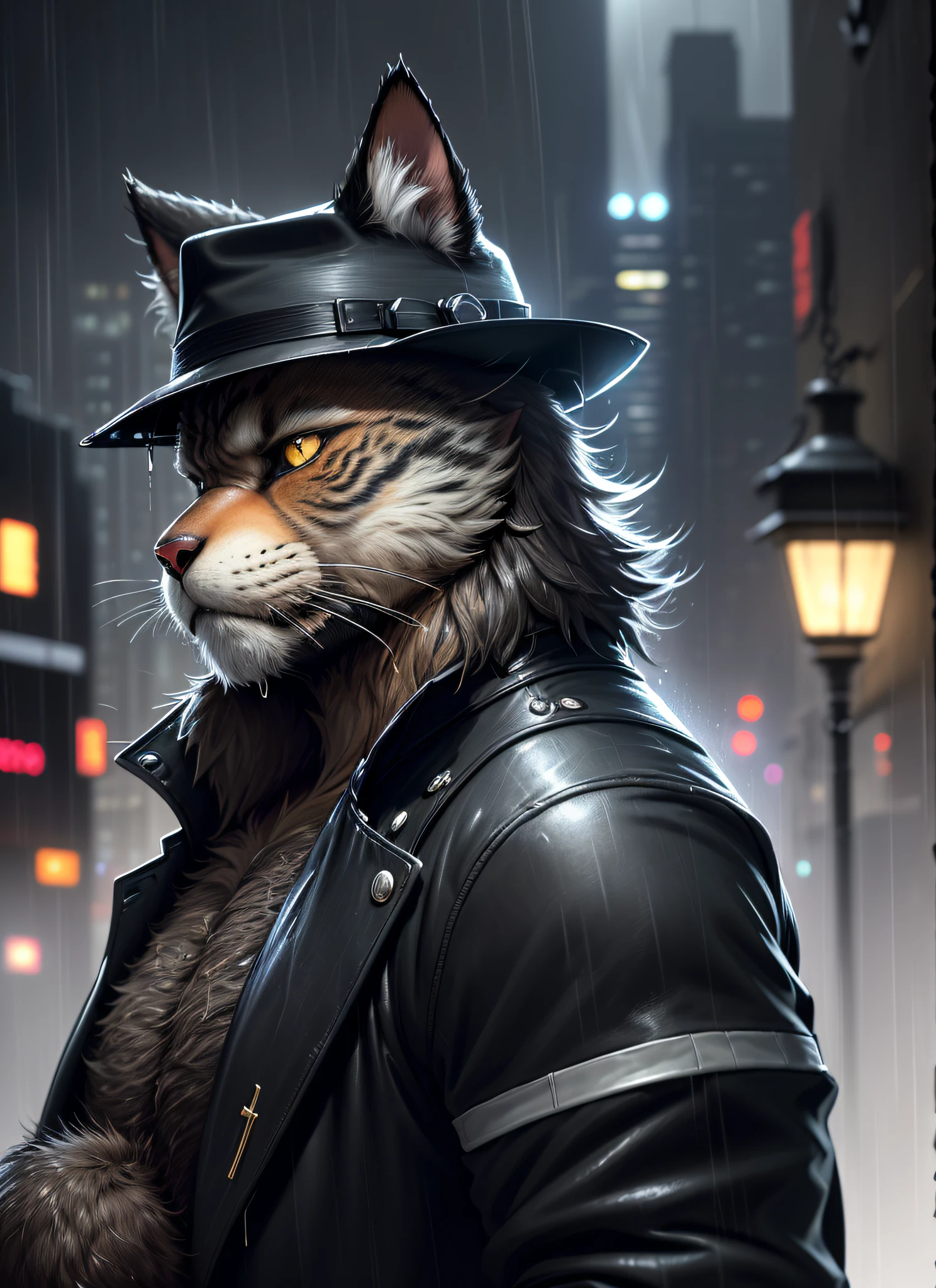 (close-up on the face)), ((side view, cinematic)), (furry:1.2), (hairy anthropomorphic cat, looking at a cell phone,fedora hat), ((heavy rain)), in the background cyberpunk buildings,((alone))(( he's wet)), you can see the drops falling on the tip of the chapel, ((it's dark,the glow of the phone reflects on the face)),