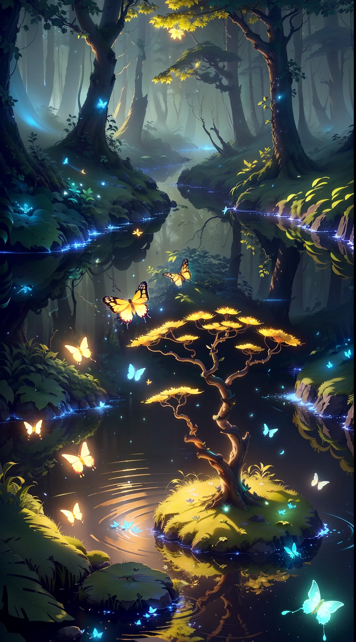 A masterpiece, the best quality, stunning reflections, the best reflections ever. (very detailed CG unity 8k wallpapers), (best quality), (best illustrations), (best shadows), forest theme with natural elements. Tall trees, quiet streams, small glowing mushrooms surrounded by delicate leaves and branches, with fireflies and glowing particle effects,, (natural elements), (jungle theme), (leaves), (twigs), (fireflies), butterflies, (delicate leaves), (glow), (particle effects). , Isometric 3D, Octane Rendering, Ray Traced, Super Detailed