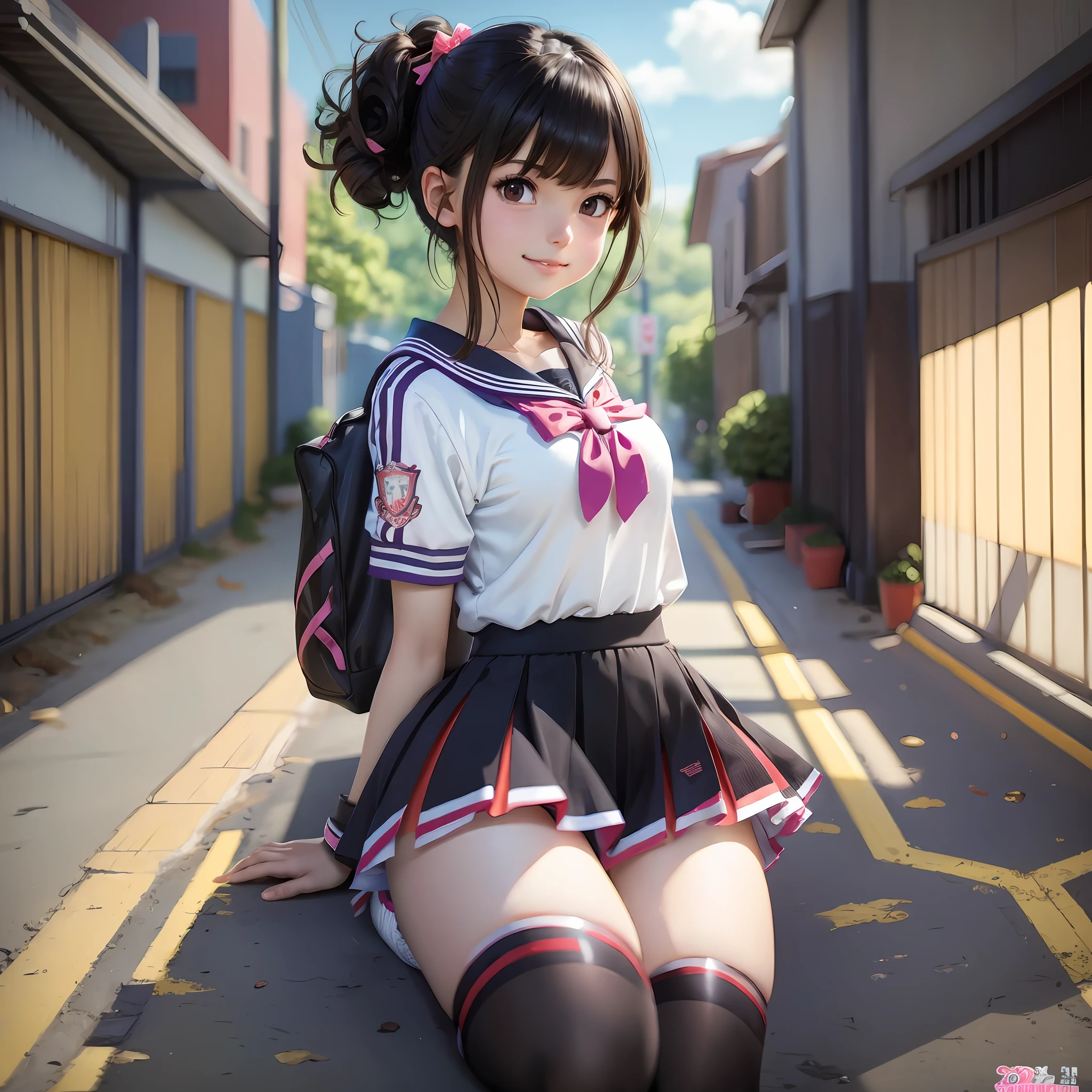 Best quality, detailed background, girl, short hair, gymnasium, Japan, dark hair, medium breasts, (colorful), jersey figure, full body, one, super detailed, (detailed face), 5 fingers, high school student, active, smile, (detailed eyes), soft lighting, best quality, illustration, anime, anime illustration, 8k, anime style 4k, anime art, school , cartoon