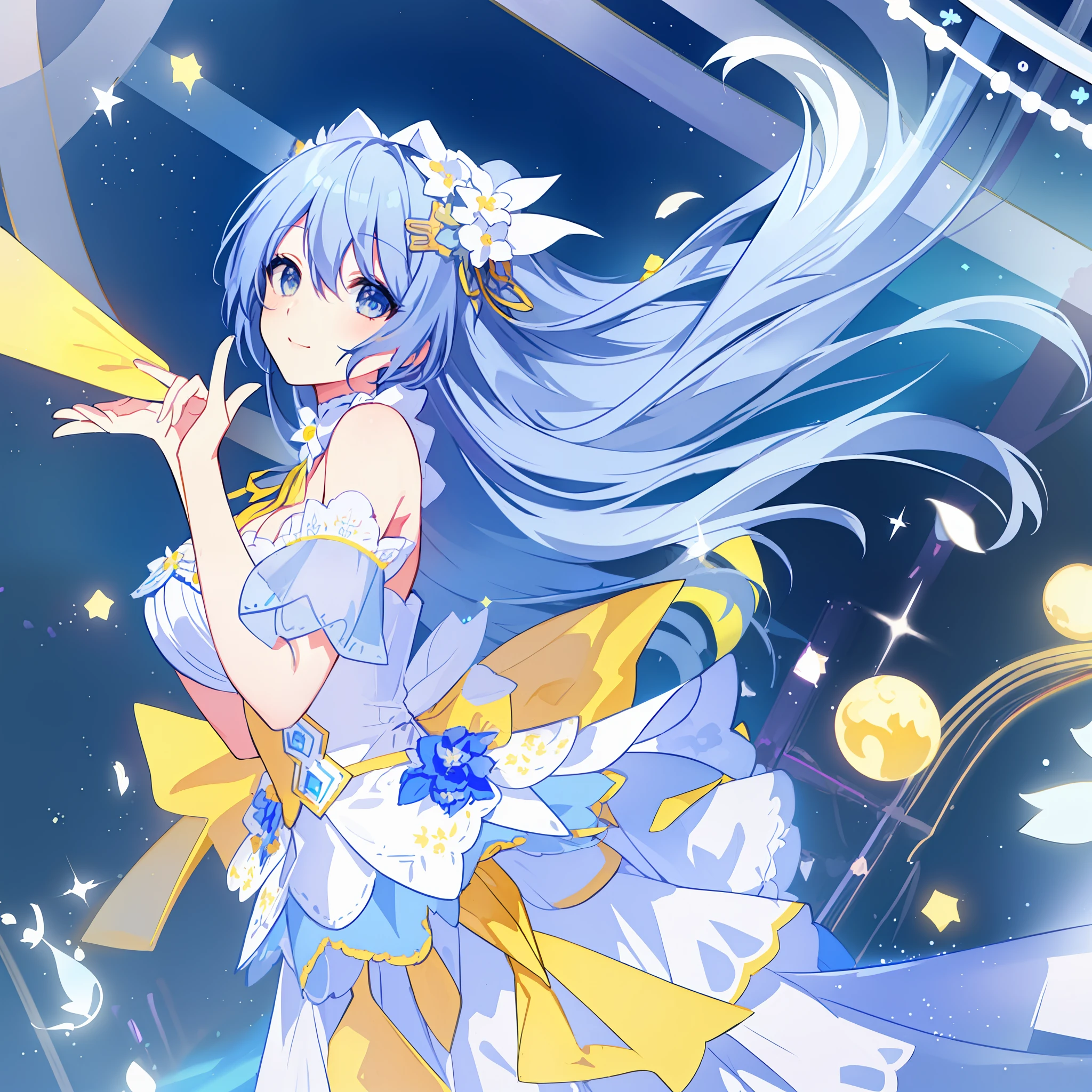 Facing right, ((((Masterpiece)))), (((Best Quality)))), ((((Very detailed))), Detailed fingers, Illustration, 1 girl, Solo, Sky blue long hair, violet colored eyes, Flower hair ornament, White feather hair ornament, Yellow moon hair ornament, Wide open chest, Large breasts, Large white ribbon at the waist, Yellow idle dress, Choker with yellow ribbon with white flowers, White gloves, White tights , MIKU, Royal Elegant Pose