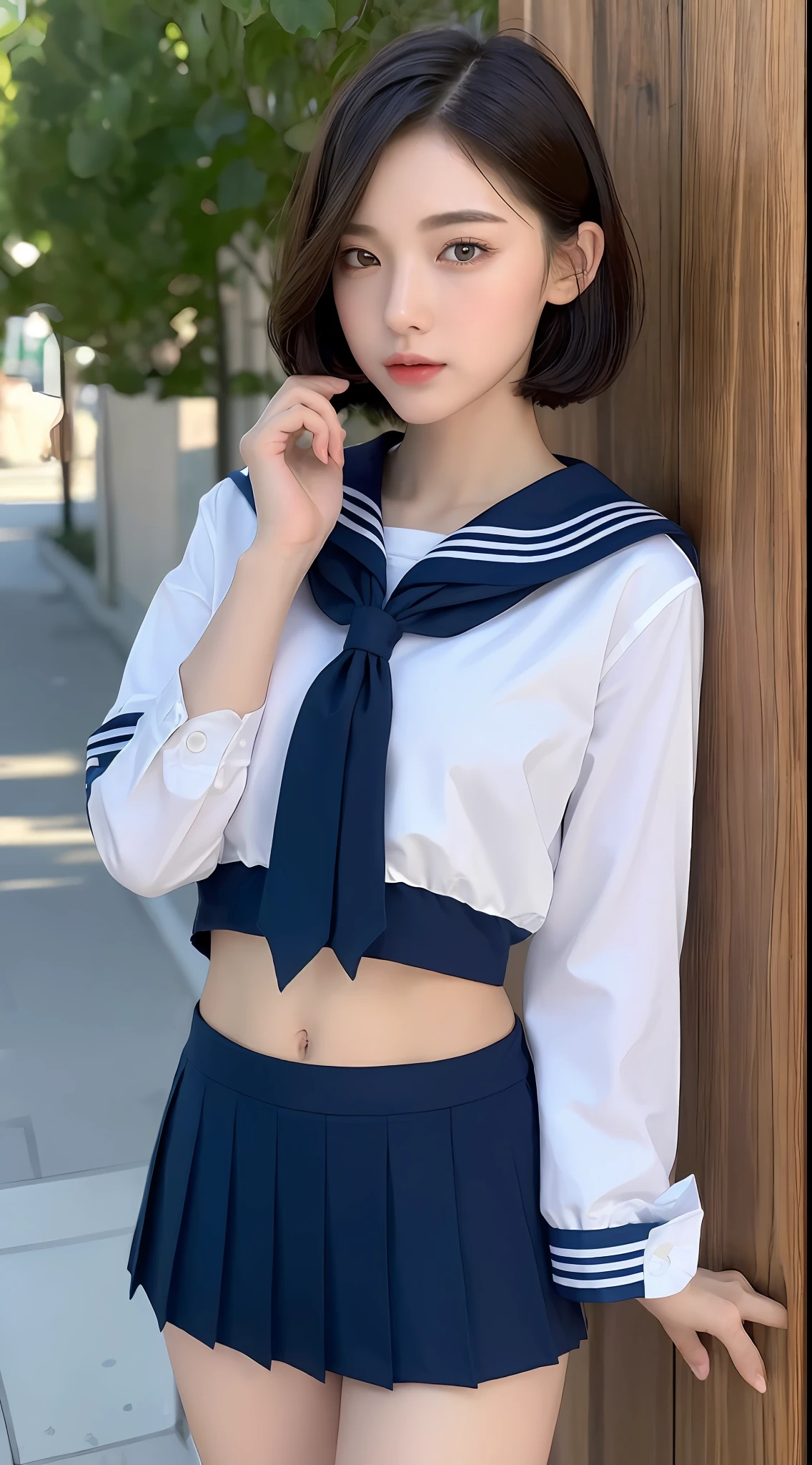 ((top quality, 8k, masterpiece: 1.3)), 1 girl, beauty with slender abs: 1.3, (medium short hair, big: 1.2), sailor suit: 1.1, ultra detailed face, detailed eyes, double eyelids, black pleated skirt, full body, navel