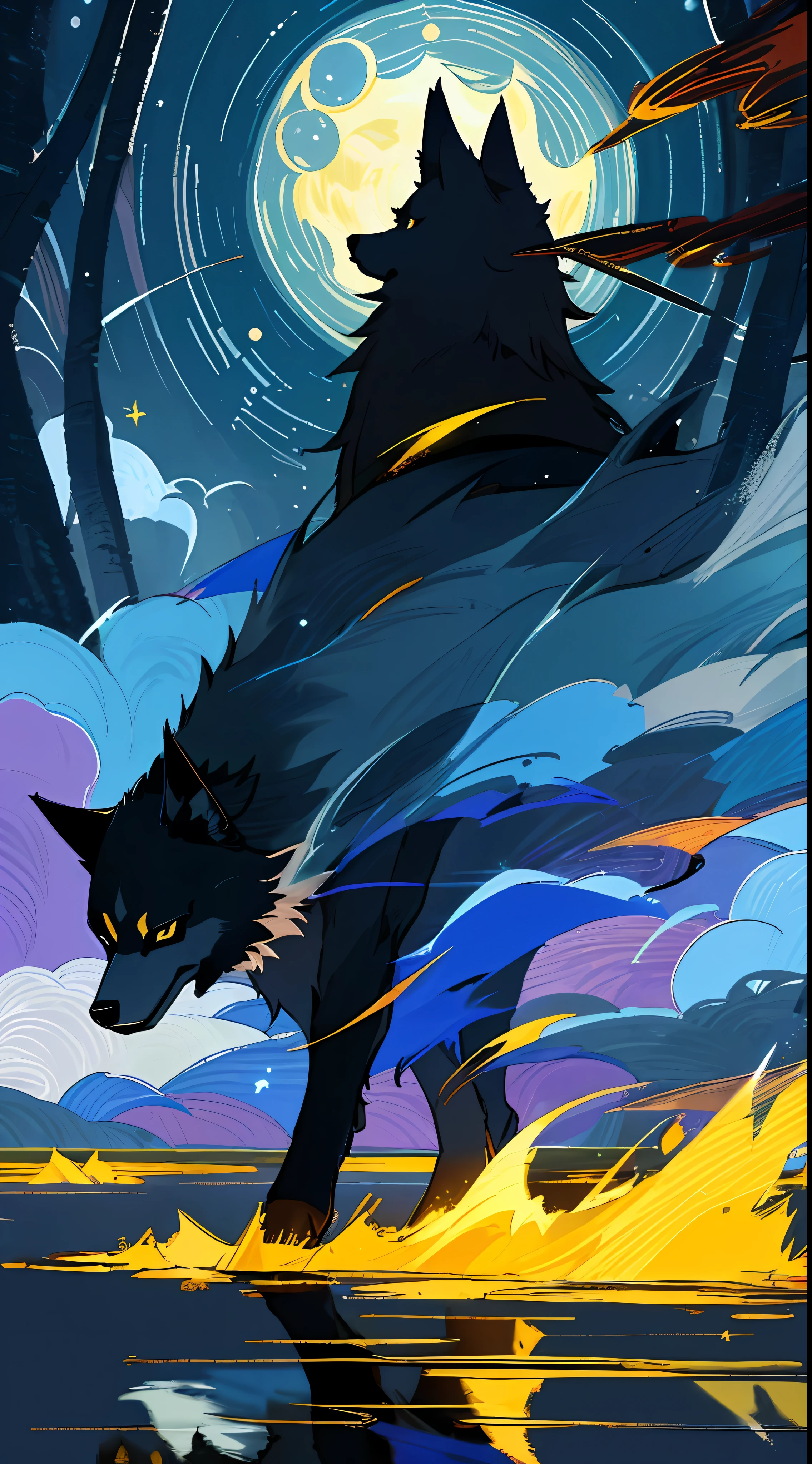 "((masterpiece)), better quality, ultra-detonated details, high-definition illustration, majestic depiction of the black and yellow wolf, Okami, moonlight reflected in his coat, in the starry night, subtle lights illuminating the forest around him."