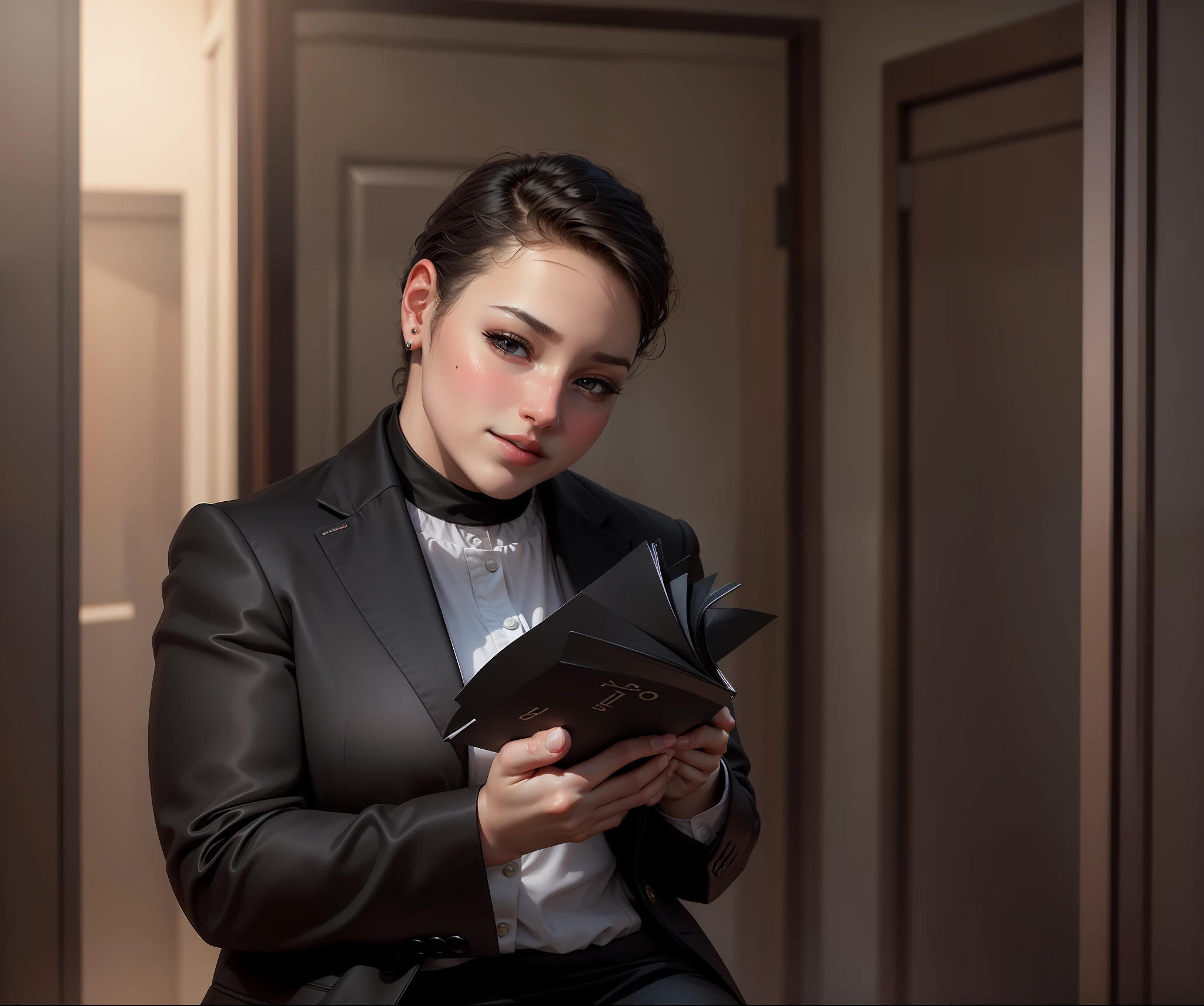 best quality, masterpiece, 1girl, Beautiful face, (photo realistic:1.3), rim lighting, (high detailed skin:1.2), 8k uhd, dslr, high quality, high resolution, 4k, 8k, Bokeh, absurdres, best ratio four finger and one thumb, (realistic:1.3), cute 1girl, wearing black formal blazer, medium breasts, short skirt, --auto --s2