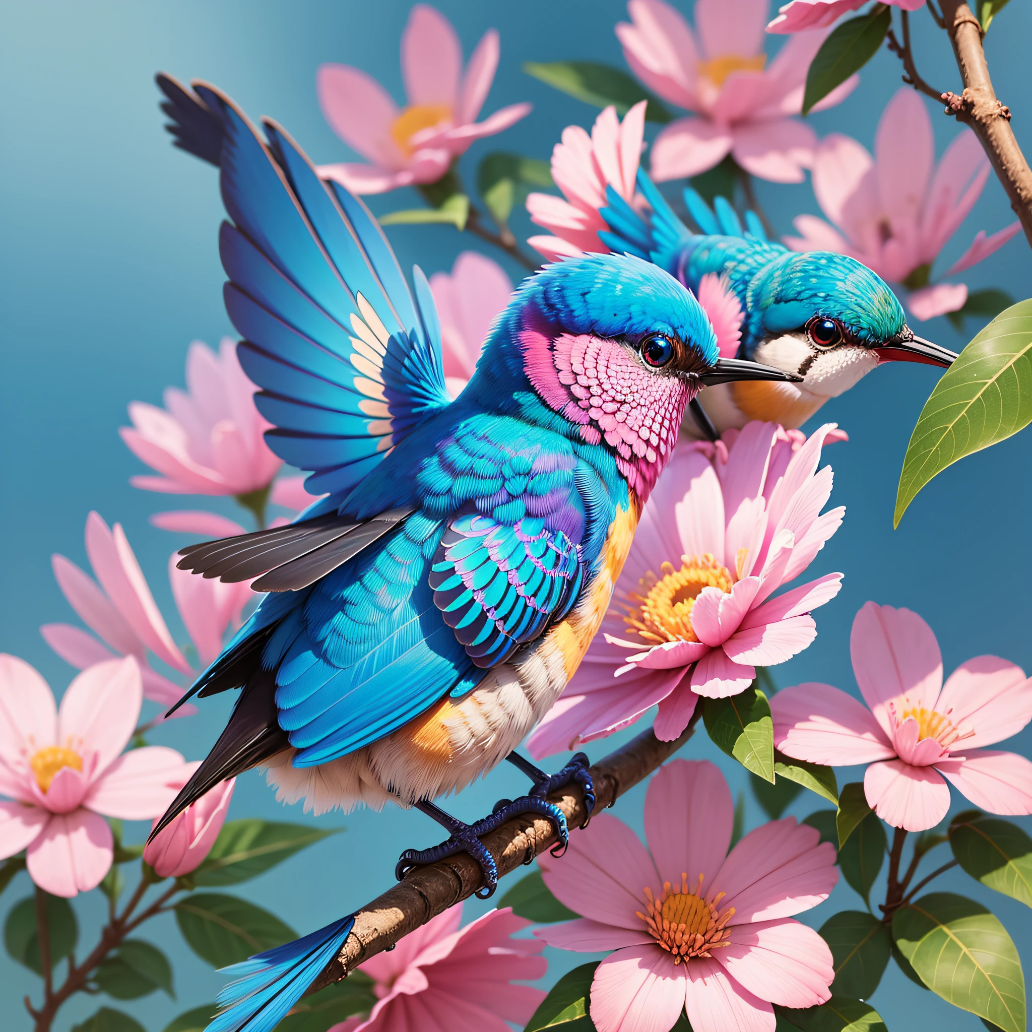 there is a blue bird sitting on a flower with pink flowers, beautiful nature, colorful hd picure, colorful birds, blue and pink colors, beautiful colorful, mobile wallpaper, beautiful wallpaper, canvas print, details and vivid colors, beautiful and colorful, colorful picture, pink and blue colors, beatiful backgrounds, hummingbird, colorful bird with a long, nature photo --auto --s2