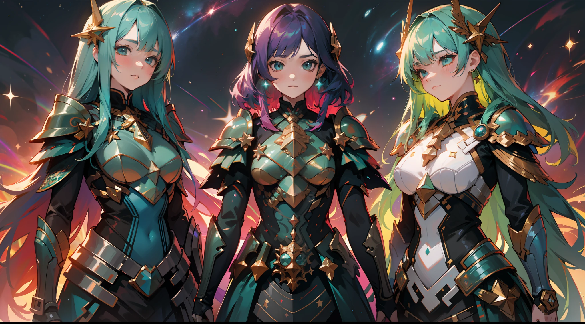 3 women with rainbow colored hair and detailed teal dress armor, standing, rainbow colored cosmic nebula background, stars, galaxies, intricate details, perfect face