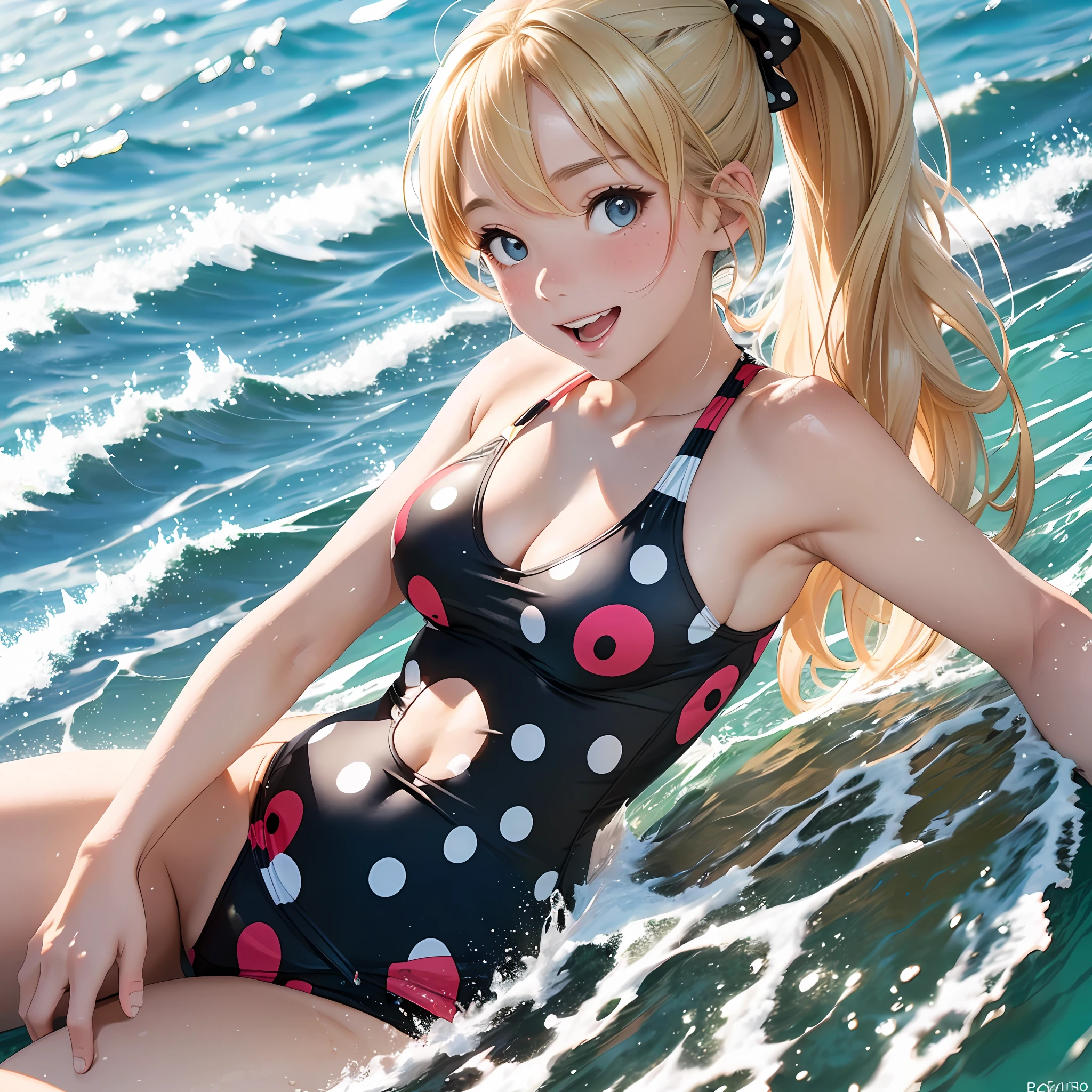 Top Quality, 8K, High Definition, 1 Girl, (Portrait: 0.6), (Polka dot-print swimsuit: 1.5), (Surfing: 1.5), Blonde, (Ponytail: 1.2), Sea, (Big Laugh: 1.5), (View: 1.3), (Bokeh), 20 years old