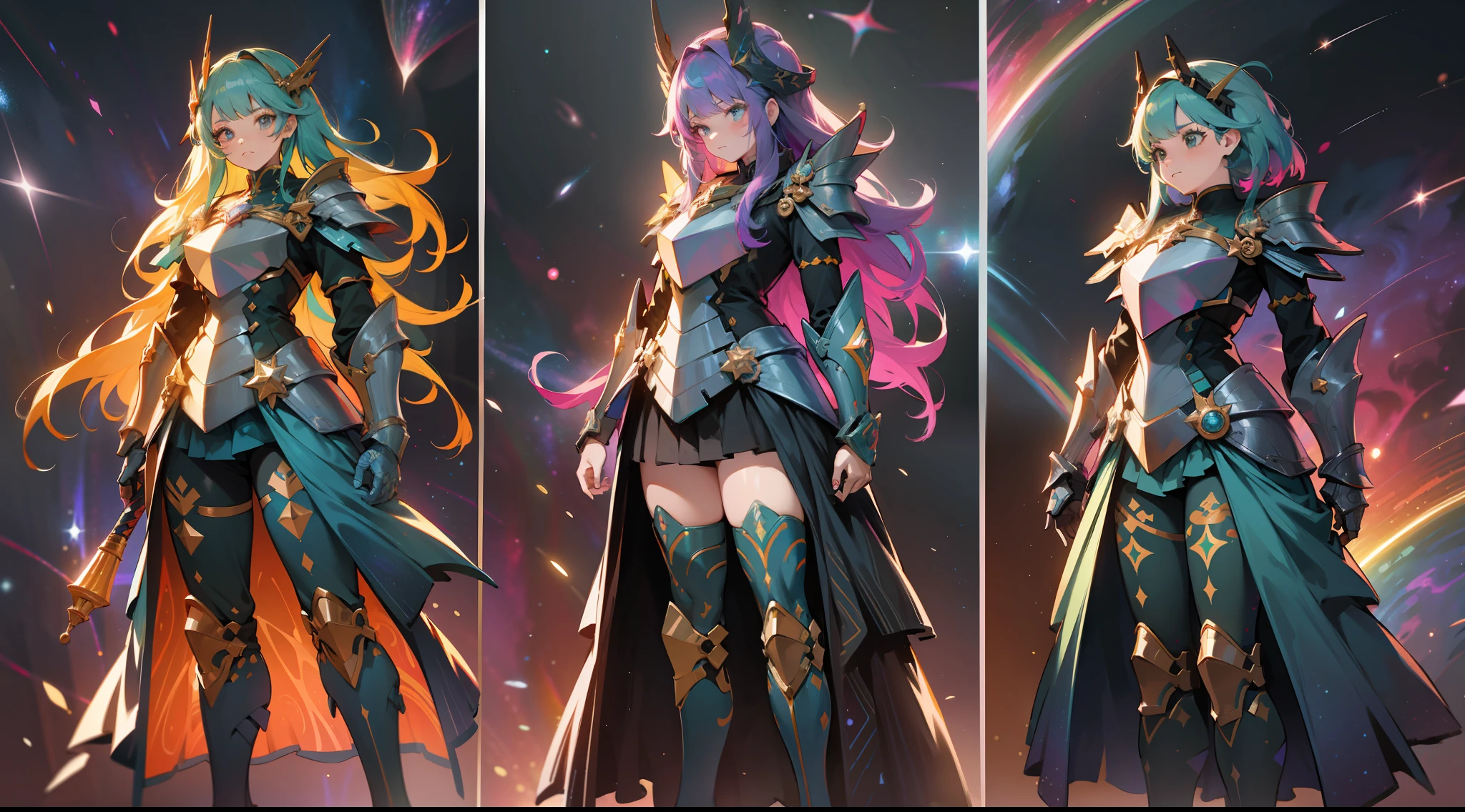 3 women with rainbow colored hair and detailed teal dress armor, standing, rainbow colored cosmic nebula background, stars, galaxies, intricate details, perfect face