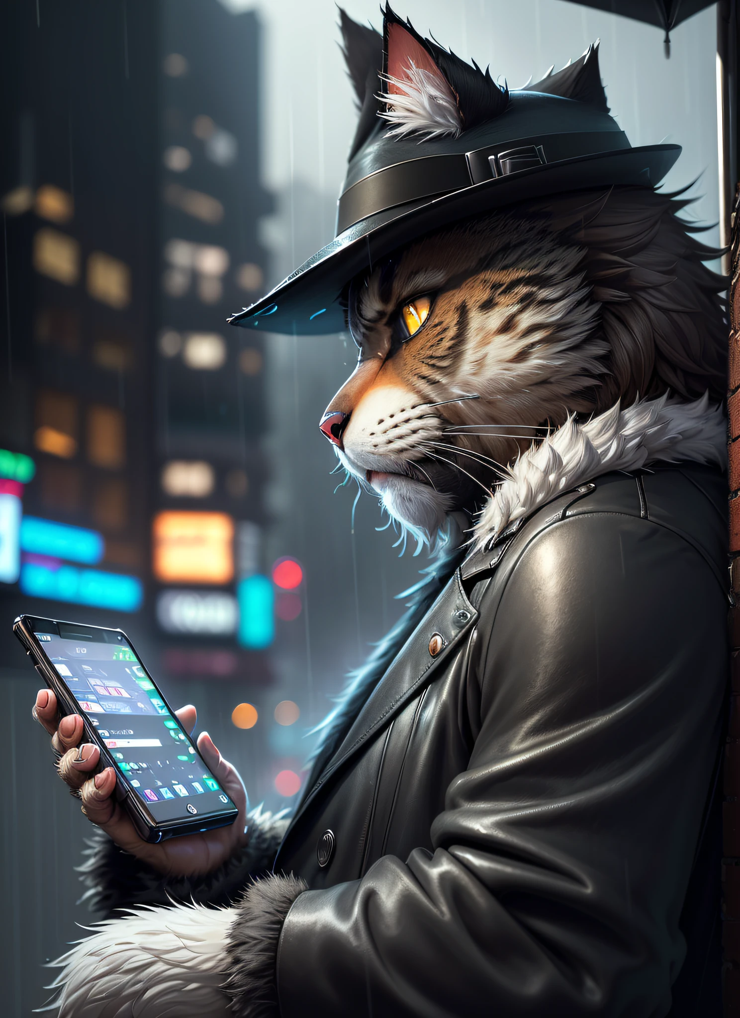 (close-up on the face)), ((side view, cinematic)), (furry:1.2), (hairy anthropomorphic cat, looking at a cell phone,fedora hat), ((heavy rain)), in the background cyberpunk buildings,((alone))(( he's wet)), you can see the drops falling on the tip of the chapel, ((it's dark,the glow of the phone reflects on the face)),