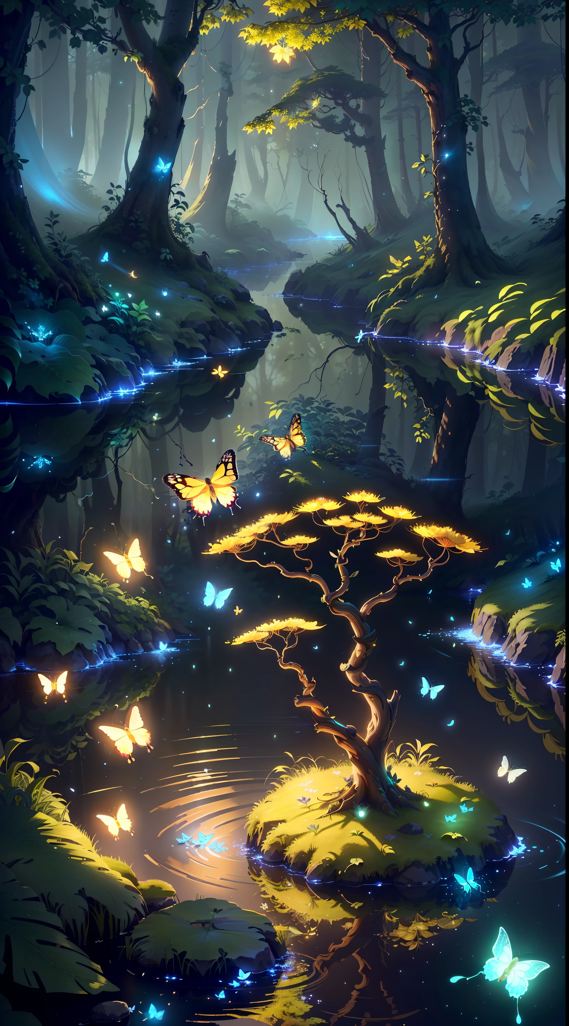 A masterpiece, the best quality, stunning reflections, the best reflections ever. (very detailed CG unity 8k wallpapers), (best quality), (best illustrations), (best shadows), forest theme with natural elements. Tall trees, quiet streams, small glowing mushrooms surrounded by delicate leaves and branches, with fireflies and glowing particle effects,, (natural elements), (jungle theme), (leaves), (twigs), (fireflies), butterflies, (delicate leaves), (glow), (particle effects). , Isometric 3D, Octane Rendering, Ray Traced, Super Detailed