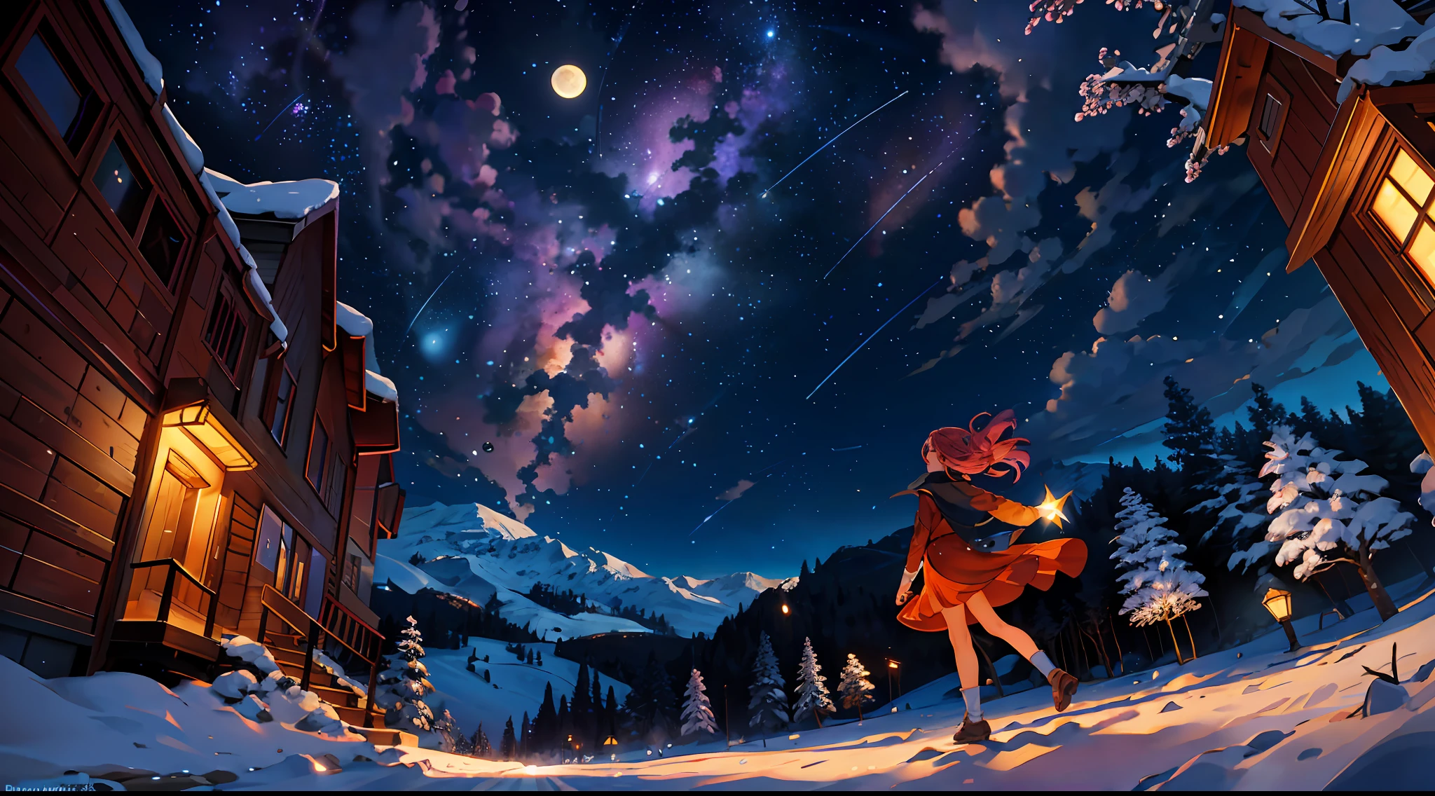 Expansive landscape photograph, (view from below with a view of the sky and the wilderness below), little girl standing in a flower field looking up, (full moon: 1.2), (sun: 1.4) (shooting star: 0.9), (nebula: 1.3), DISTANT MOUNTAIN, TREE BREAK PRODUCTION ART, (WARM LIGHT SOURCE: 1.2), (FIREFLY: 1.2), LAMP, PURPLE AND ORANGE, INTRICATE DETAIL, VOLUME LIGHTING, REALISM BREAK (Masterpiece: 1.2), (Best Quality), 4K, Ultra-Detailed, (Dynamic Composition: 1.4), Highly Detailed and Colorful Details, (Iridescent Colors: 1.2), (Radiant Lighting, Atmospheric Lighting), Dreamy, Magical, (Solo: 1.2)