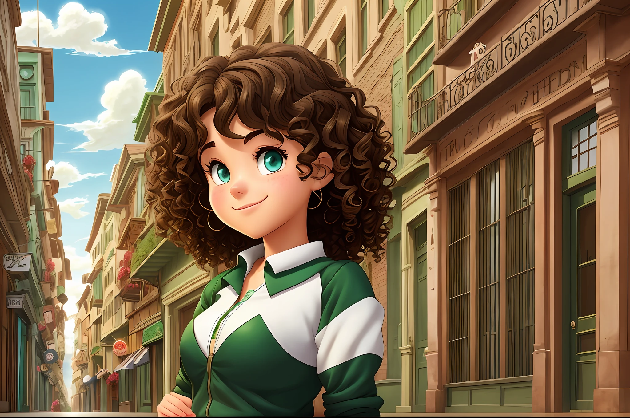 Girl 22 years green eyes curly hair dark brown white Pixar animation --auto --s2