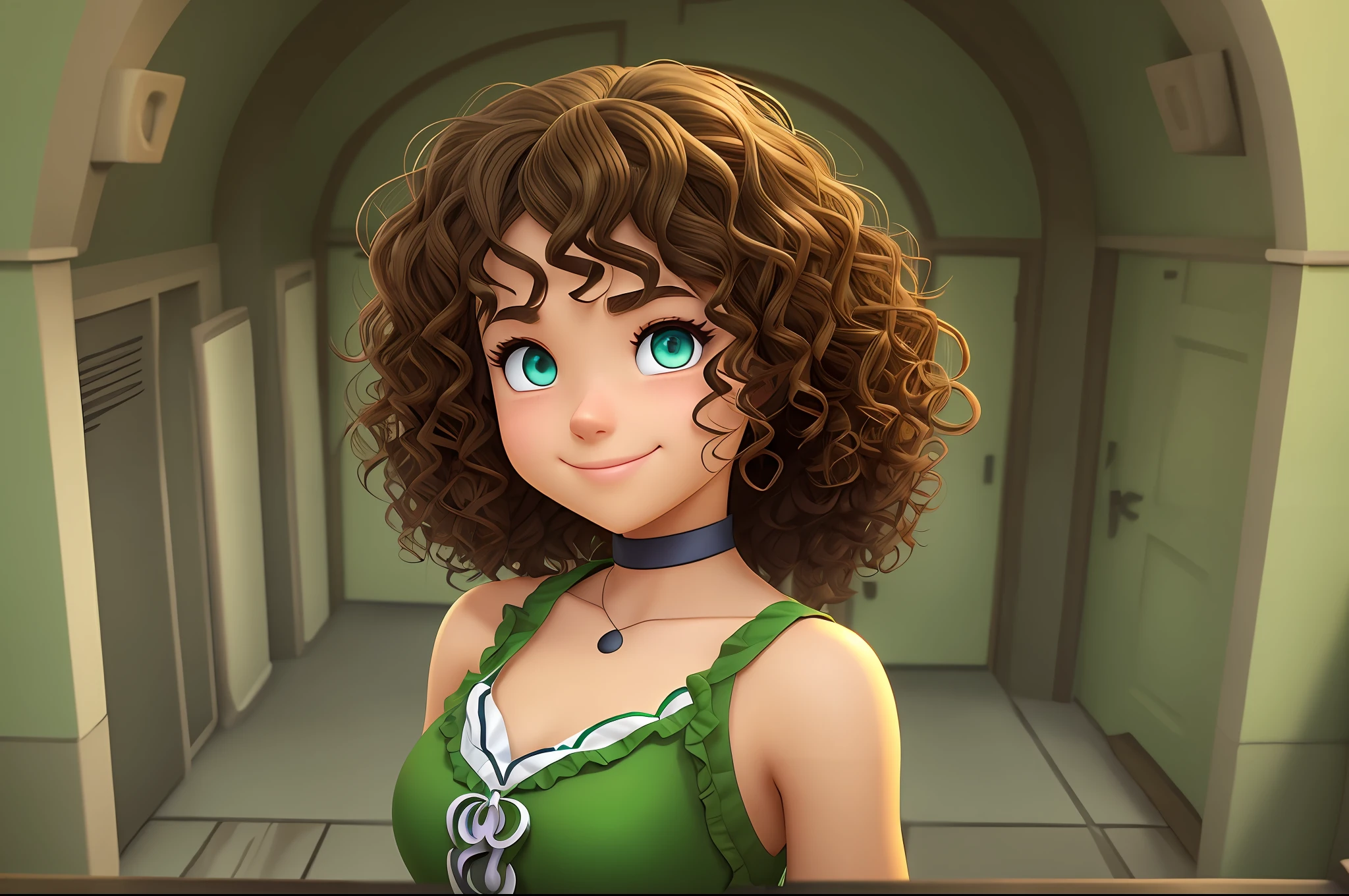 Girl 22 years green eyes curly hair dark brown white Pixar animation --auto --s2
