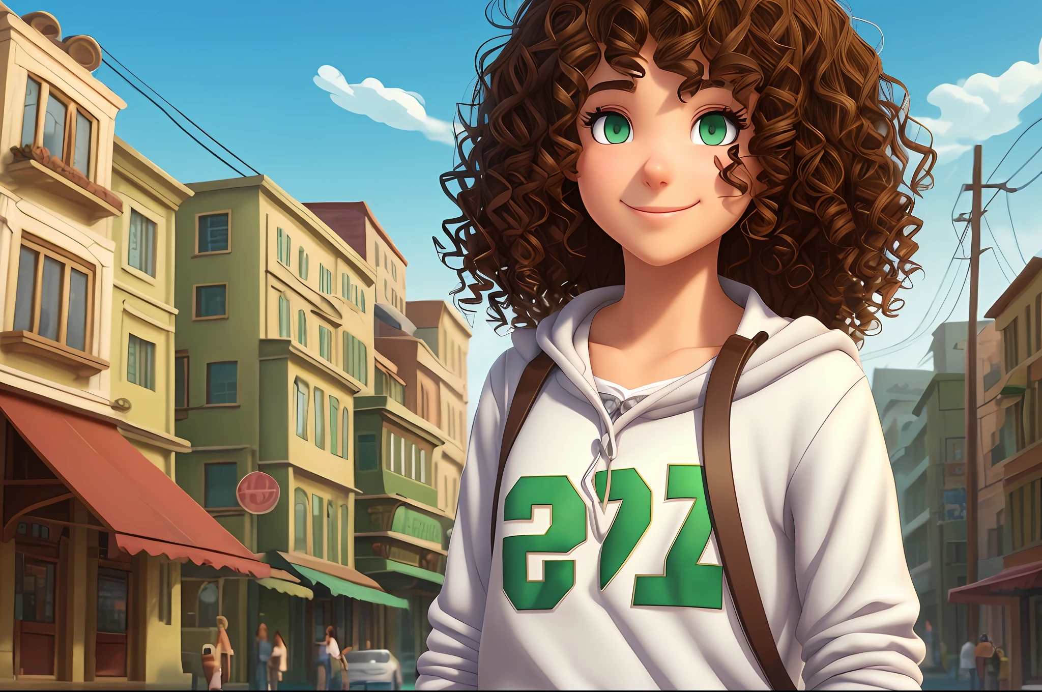 Girl 22 years green eyes curly hair dark brown white Pixar animation --auto --s2