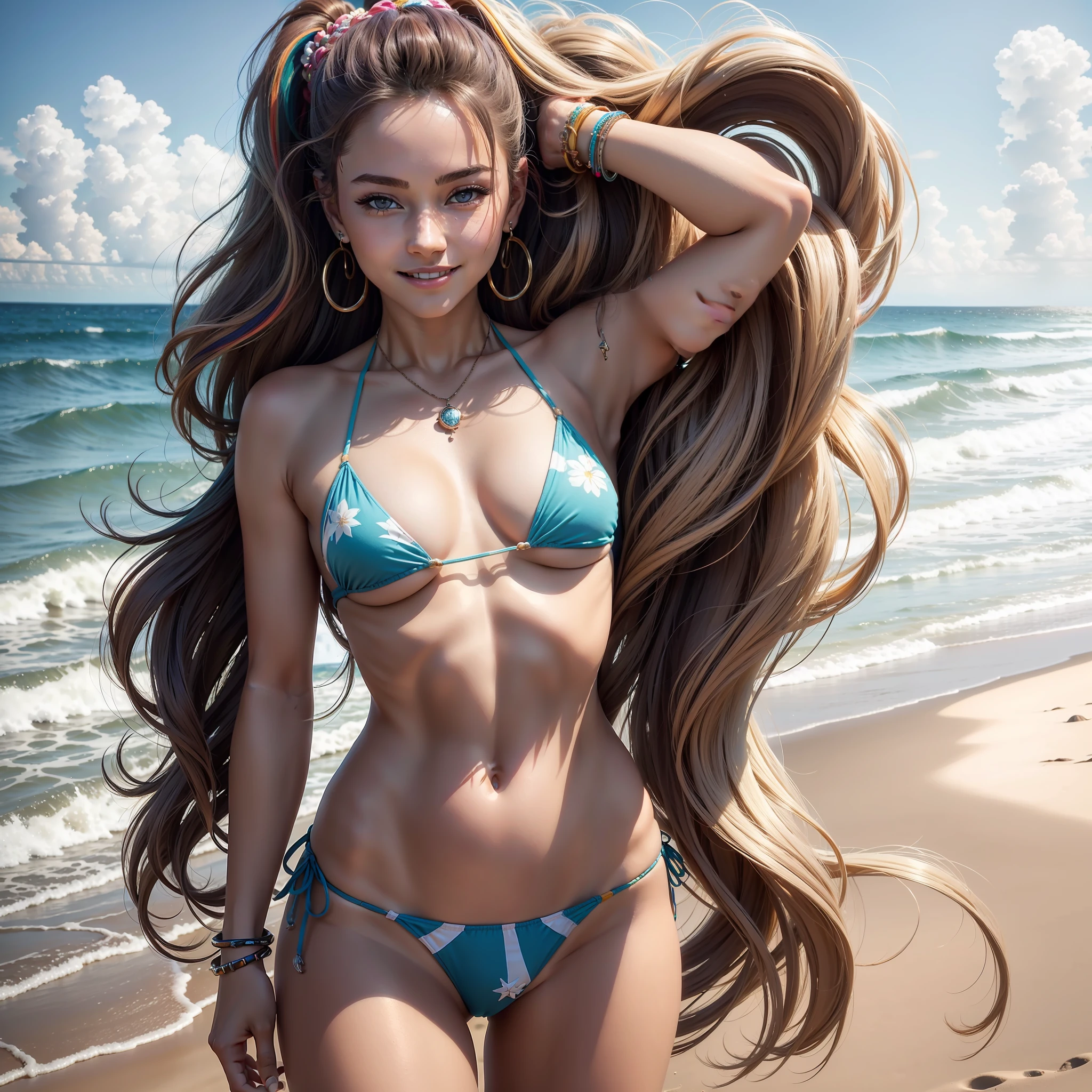 (Masterpiece: 1.5), (Best Quality: 1.5), High Resolution, High Detail, 1 Girl, Solo, Skin Highlight, Sharpen, Clear, straight hair, ponytail, multicolored hair, Jewelry, bracelet, earrings, cowboy shot, pale skin, smile, beach, tiny micro bikini