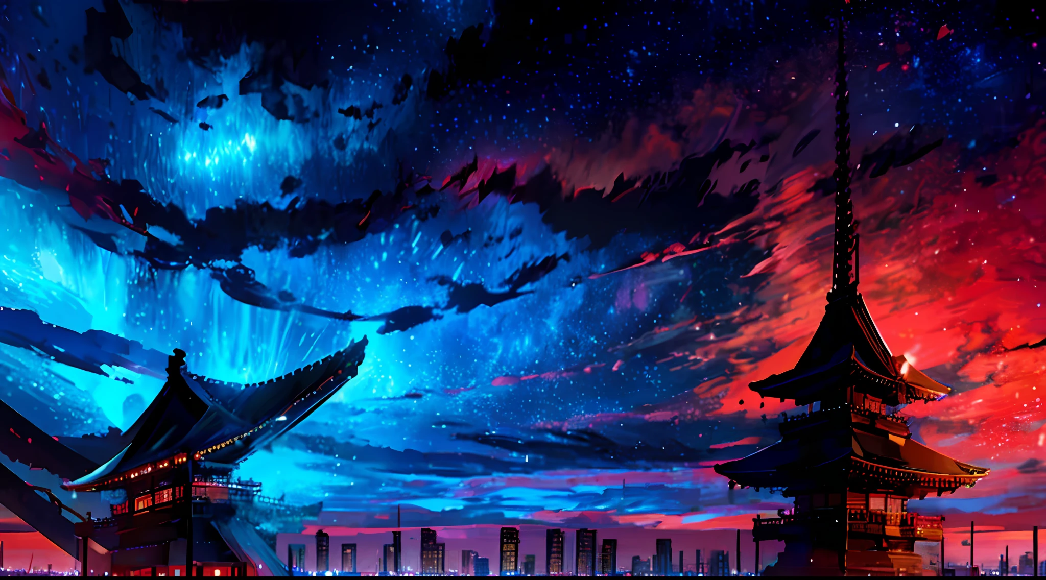 Tokyo, China, Tower of God, blue tower, purple, blue, red, god, red sky, purple sky, starry sky, stars, star tower, star god, light blue, civilization, order