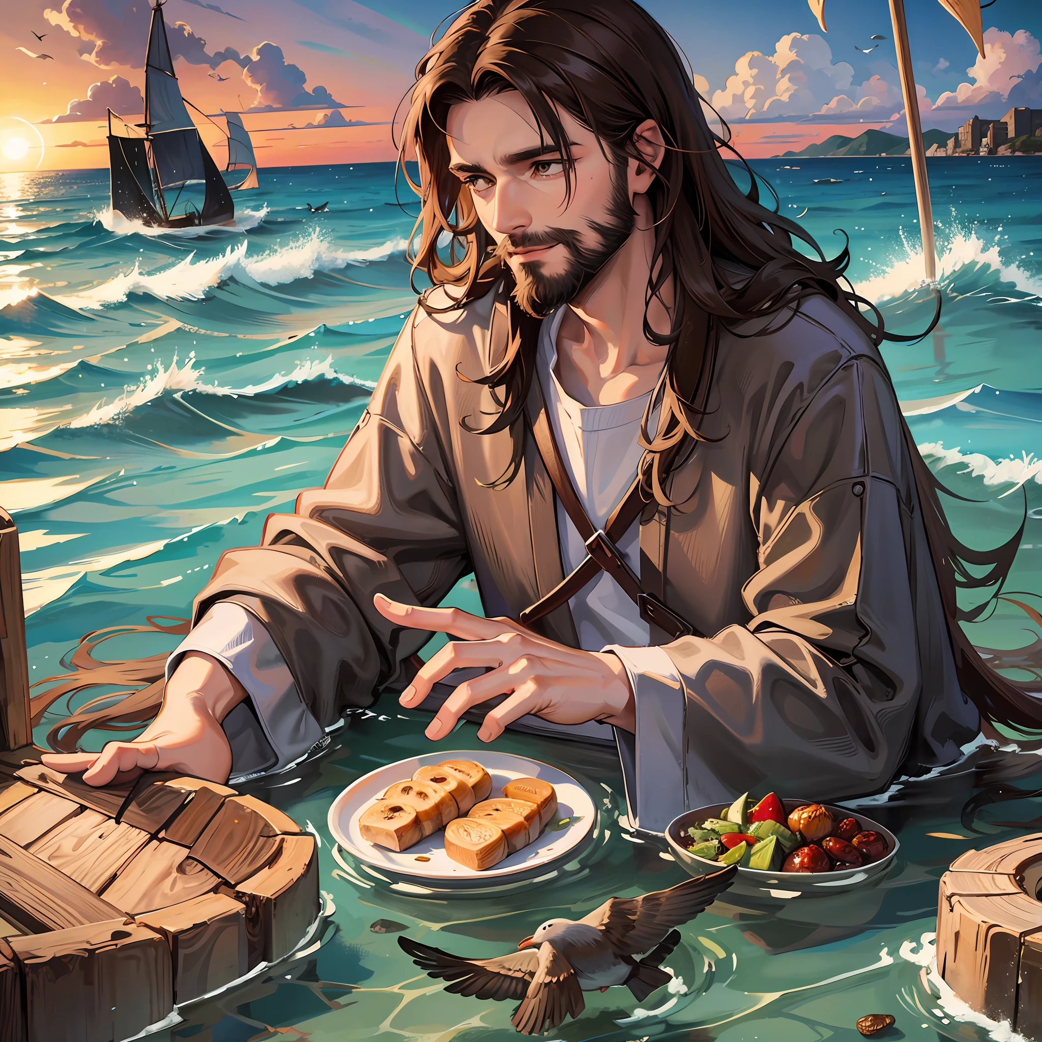 Close-up of Jesus Christ on a Galilee beach with the disciples sitting around a small campfire eating bread and fish on the coals, all with short curly dark brown hair, all with short dark brown beards, simple linen clothes, fisherman's boat in the sea near the beach, early morning sun, seagulls flying near, sea waves foaming on the beach, --auto --s2