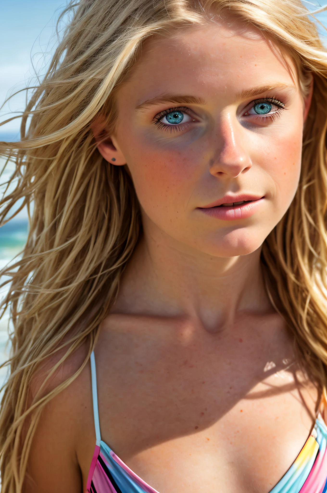 realistic photo, a realistic photo of 18yo girl wearing a bikini, blonde hair, beach, (1girl), (extremely detailed CG unity 8k wallpaper), photo of the most beautiful artwork in the world, professional majestic (photography by Steve McCurry), 8k uhd, dslr, soft lighting, high quality, film grain, Fujifilm XT3 sharp focus, f 5.6, High Detail, Sharp focus, dramatic, (looking at viewer:1.2), (detailed pupils:1.3), (natural light),