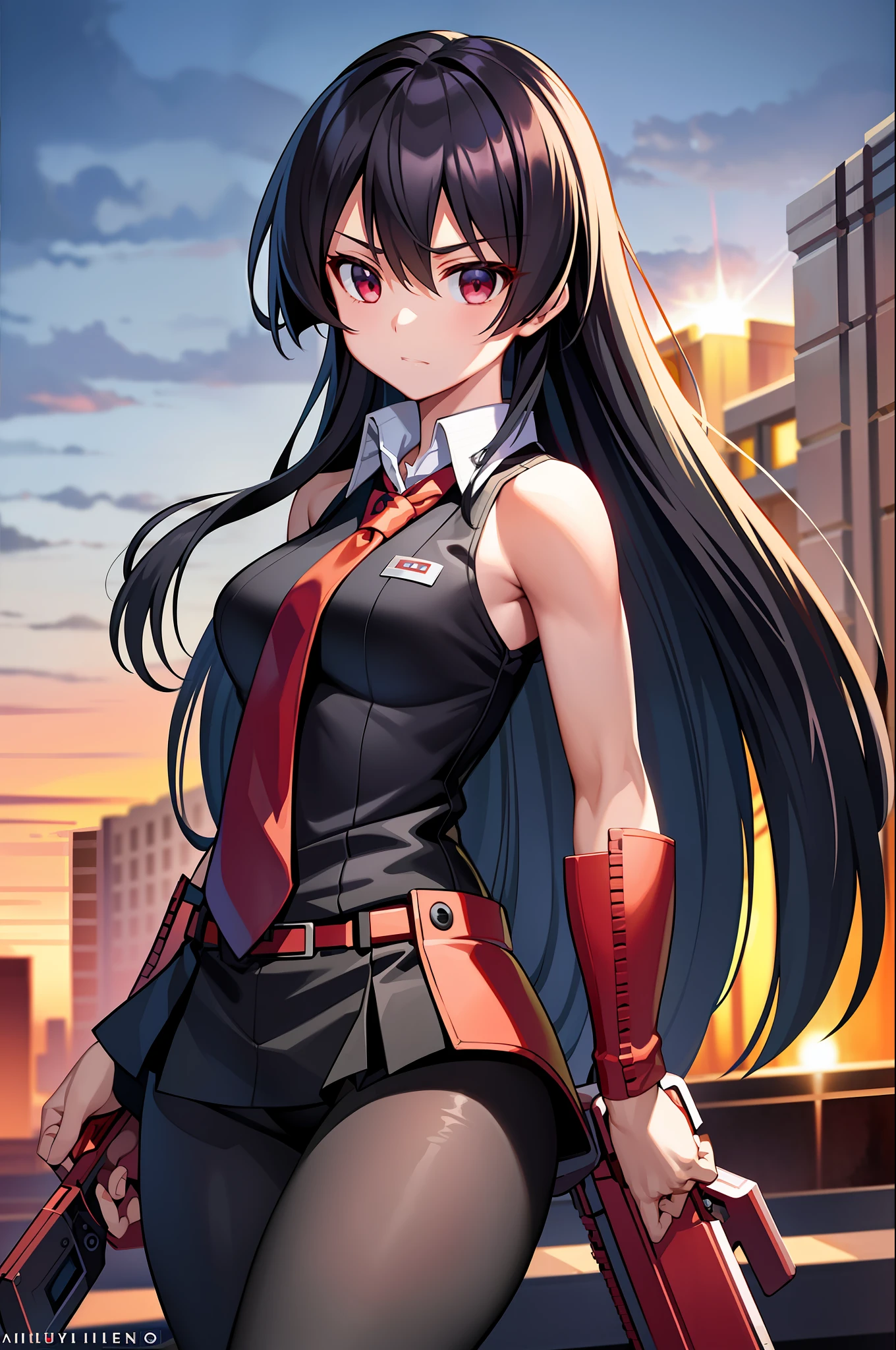 (masterpiece, best quality:1.2), cowboy shot, solo, 1girl, akame \(akame ga kill!\), expressionless, closed mouth, look at the viewer, black collared shirt, red tie, sleeveless, leggings, ass, wide hips