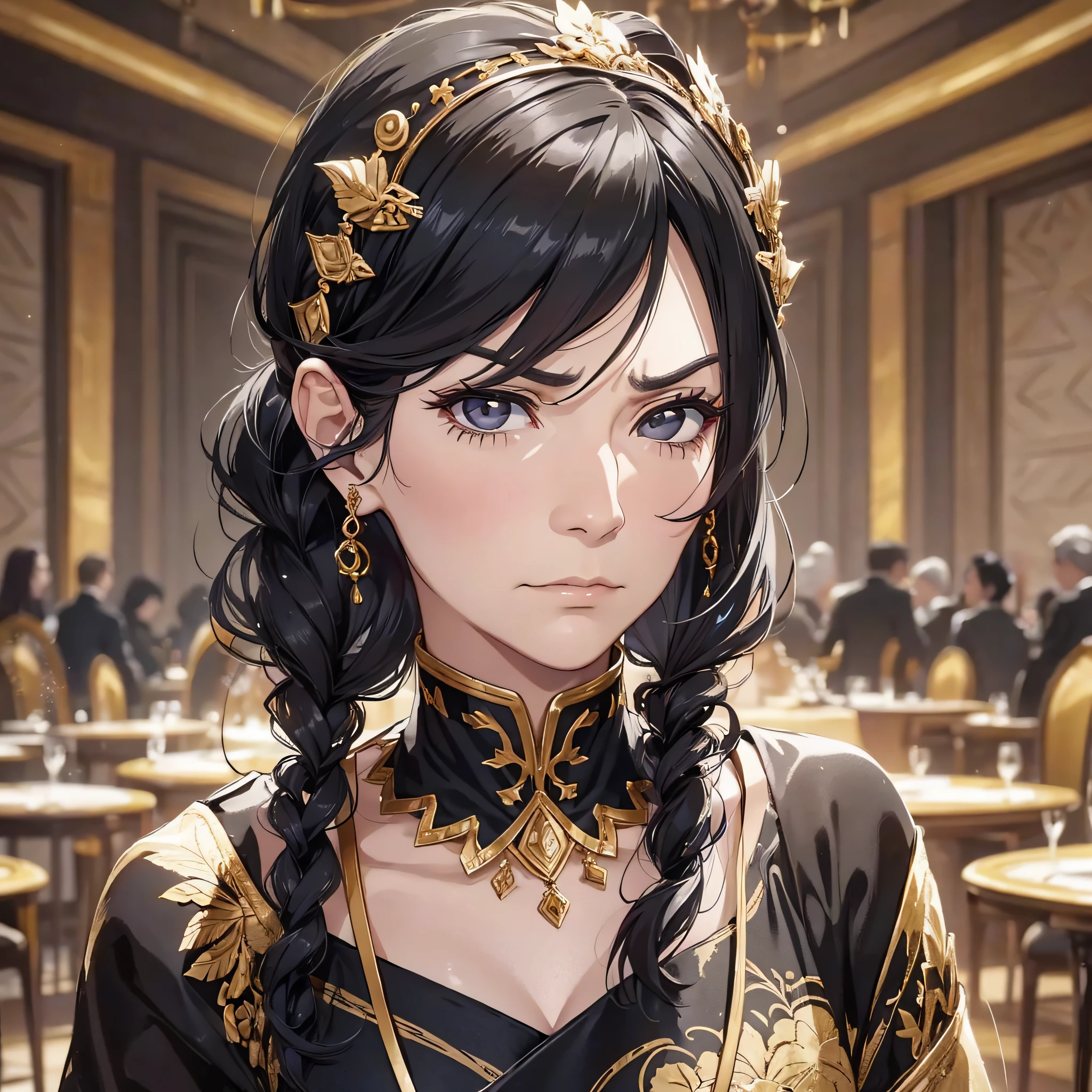 A middle-aged woman, black hair, wrinkles, disdainful expression, serious expression, contempt, impatience, pointing to the camera, in the banquet hall,