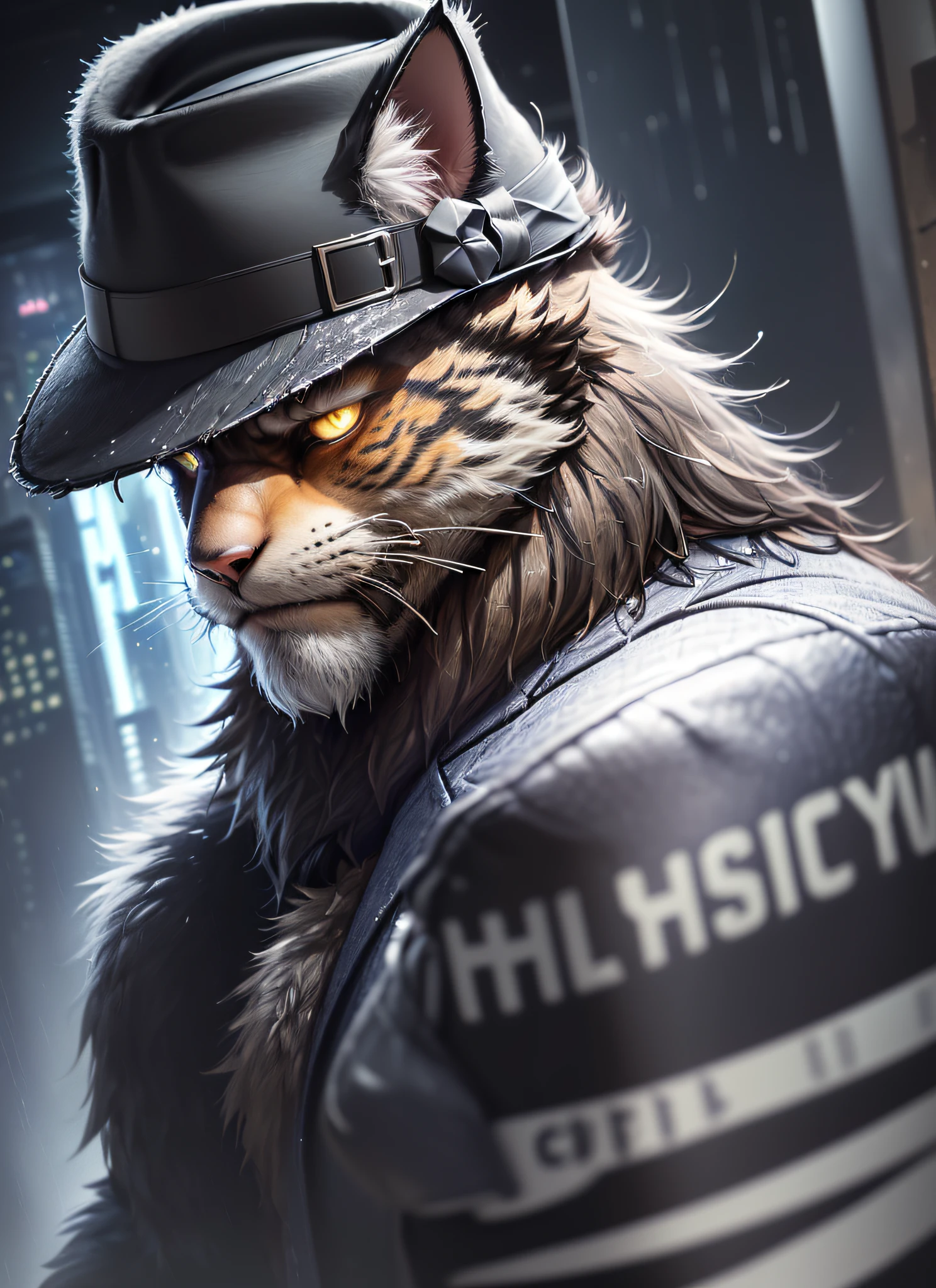 ((close-up on face:1.2)), ((side view)), (furry:1.2), (hairy anthropomorphic cat, looking at a cell phone, ((fedora hat)), the glow of the cell phone reflected on the face :1.2), (heavy rain), cyberpunk buildings,(( he is wet, you can see the gocs falling on the tip of the chapel)