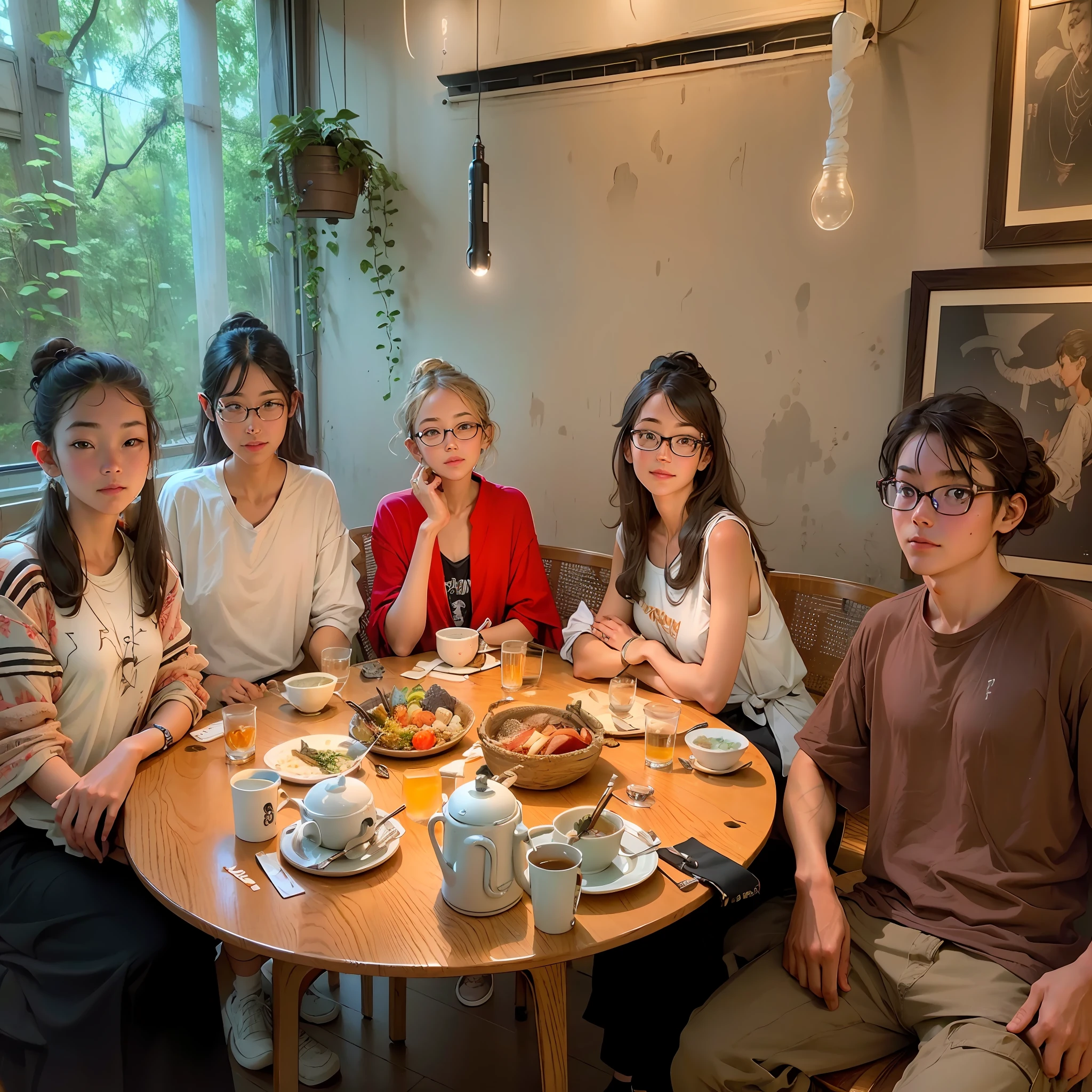 dinner at restaurant, 5 person sitting around the table, one girl:with a cute looped Half-Bun designing, one girl: smiling watching TV show, one girl: with eye glasses thinking ideas, one girl: in long hair making handicraft, one boy: in brown T-shirt design architecture., cinematic lighting, UHD, masterpiece, anatomically correct, textured skin, super detail, high details, high quality, 4K