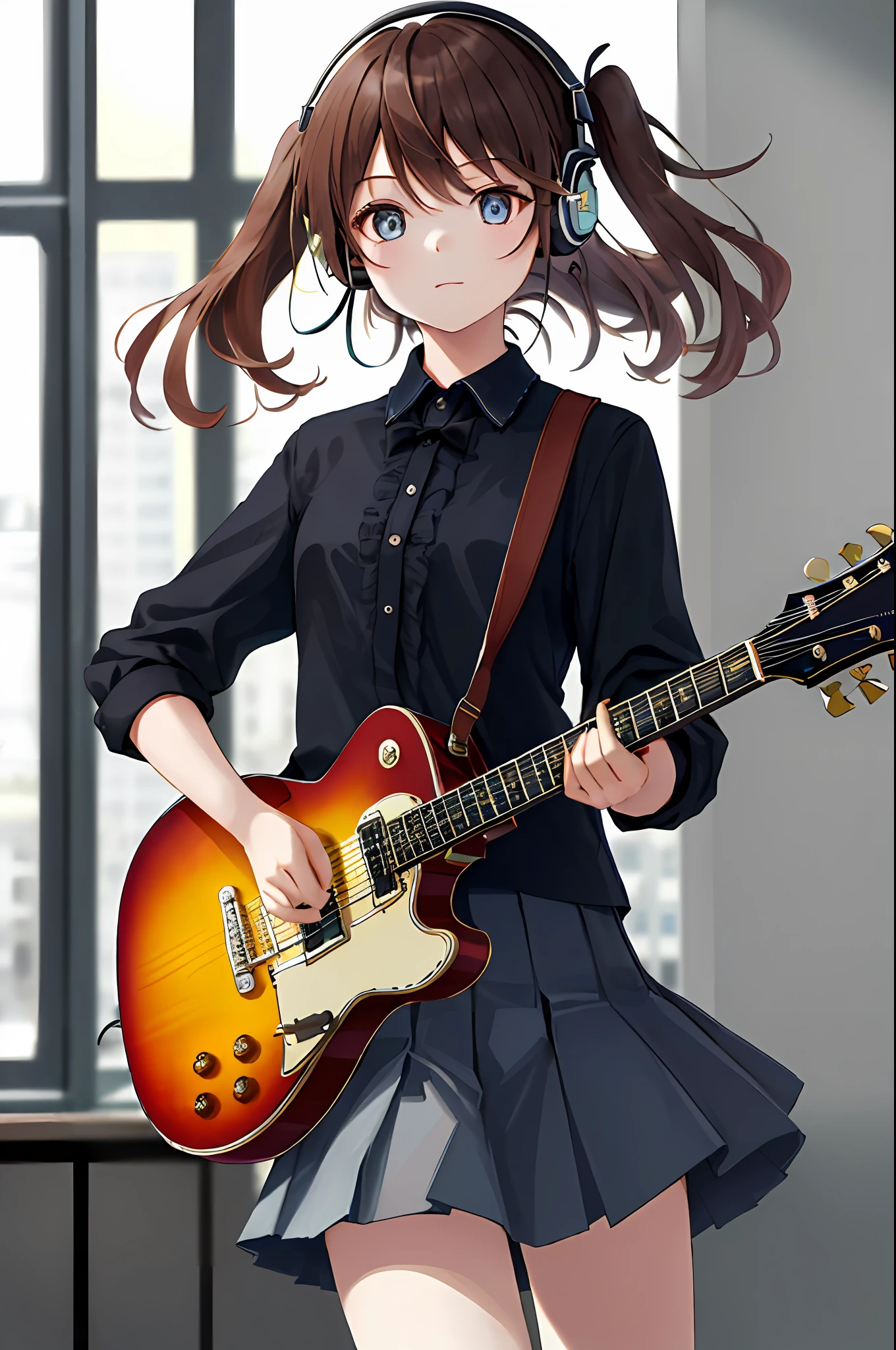 (masterpiece, top quality) 1 girl, musical instrument shop, solo, black skirt, blue eyes, electric guitar, guitar, headphones, holding, plectrum, musical instrument, long hair, music, one side up, brown hair, guitar playing, pleated skirt, black shirt, indoor, dynamic angle