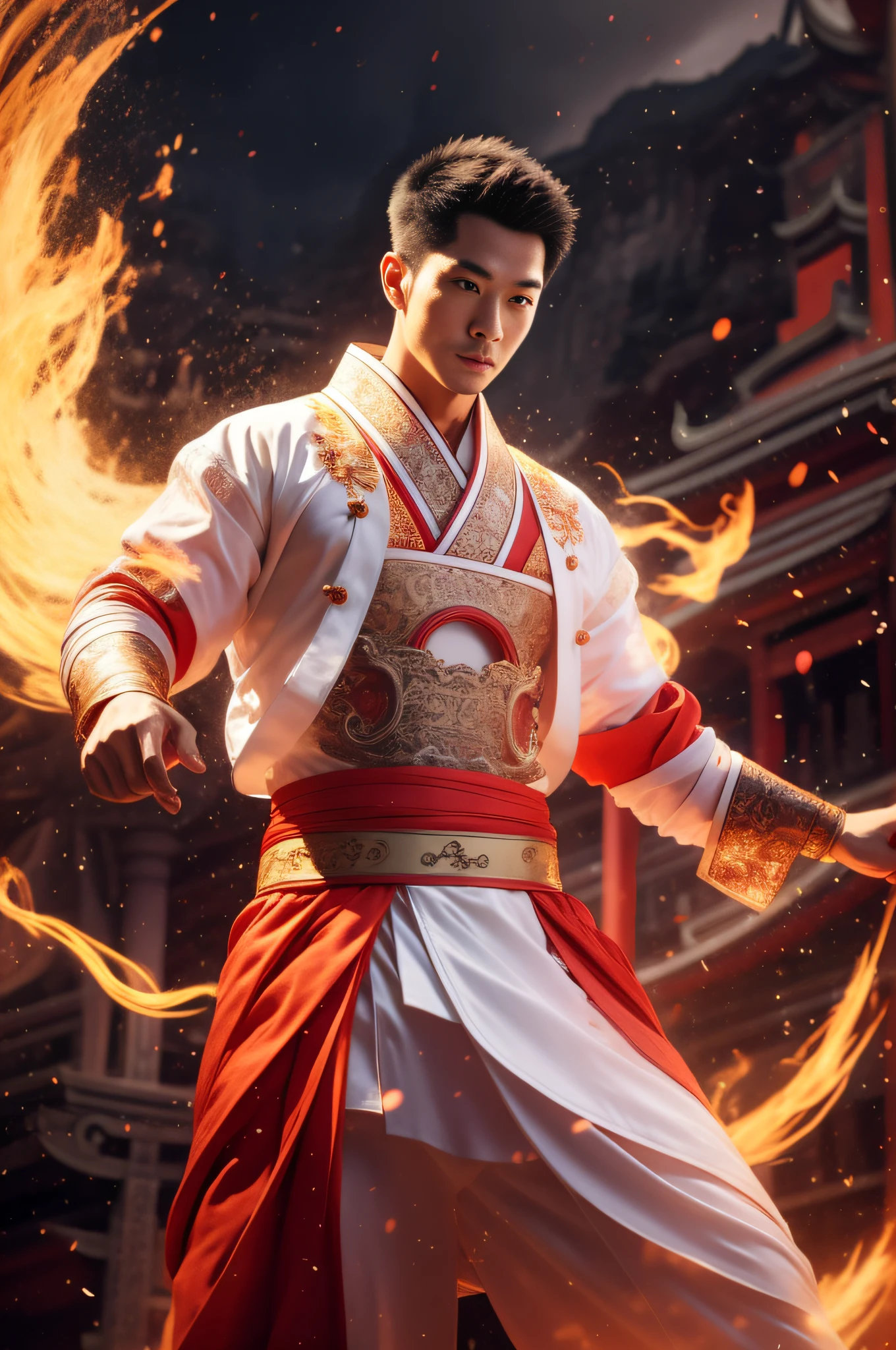 Handsome guy, 25 years old, Asian, master work, best picture quality, higher quality, high detail, super high resolution, 8k resolution, delicate facial features, boy, big muscles, tattoos, glowing eyes, short hair, hair details, (full body: 0.6), detailed background , [[look away, look to the side, emphasize homosexuality and pay attention to every detail , open Hanfu transparent tulle jacket, white rubber pants, circling dragon, Chinese garden background ((((crotch bulge))))), flame, flame spell, Fire fighting, Chinese kung fu, fingerless gloves, wristbands, dragon-themed costumes, monk robes, spinning floating particles, dynamic composition, burning architectural background