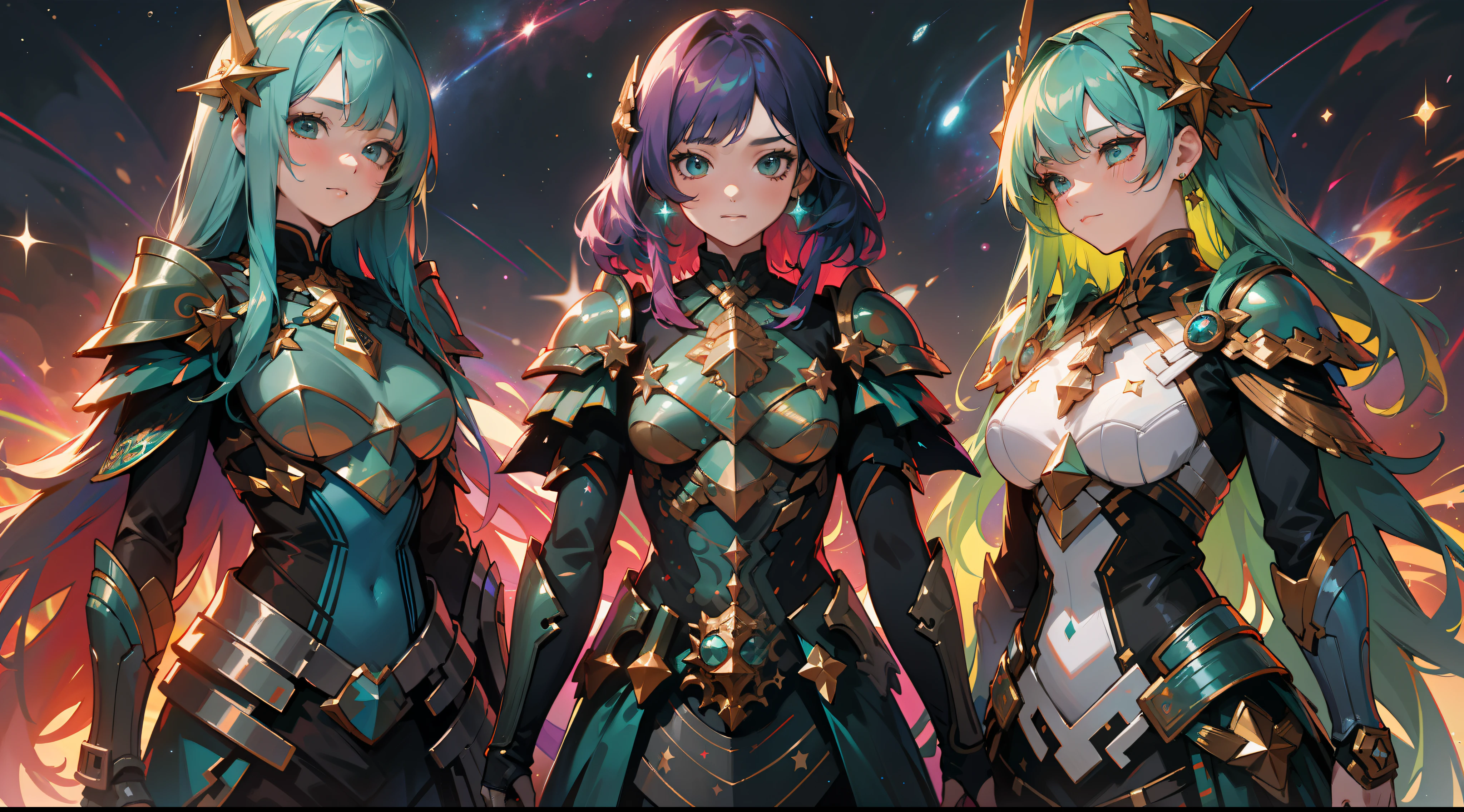 3 women with rainbow colored hair and detailed teal dress armor, standing, rainbow colored cosmic nebula background, stars, galaxies, intricate details, perfect face