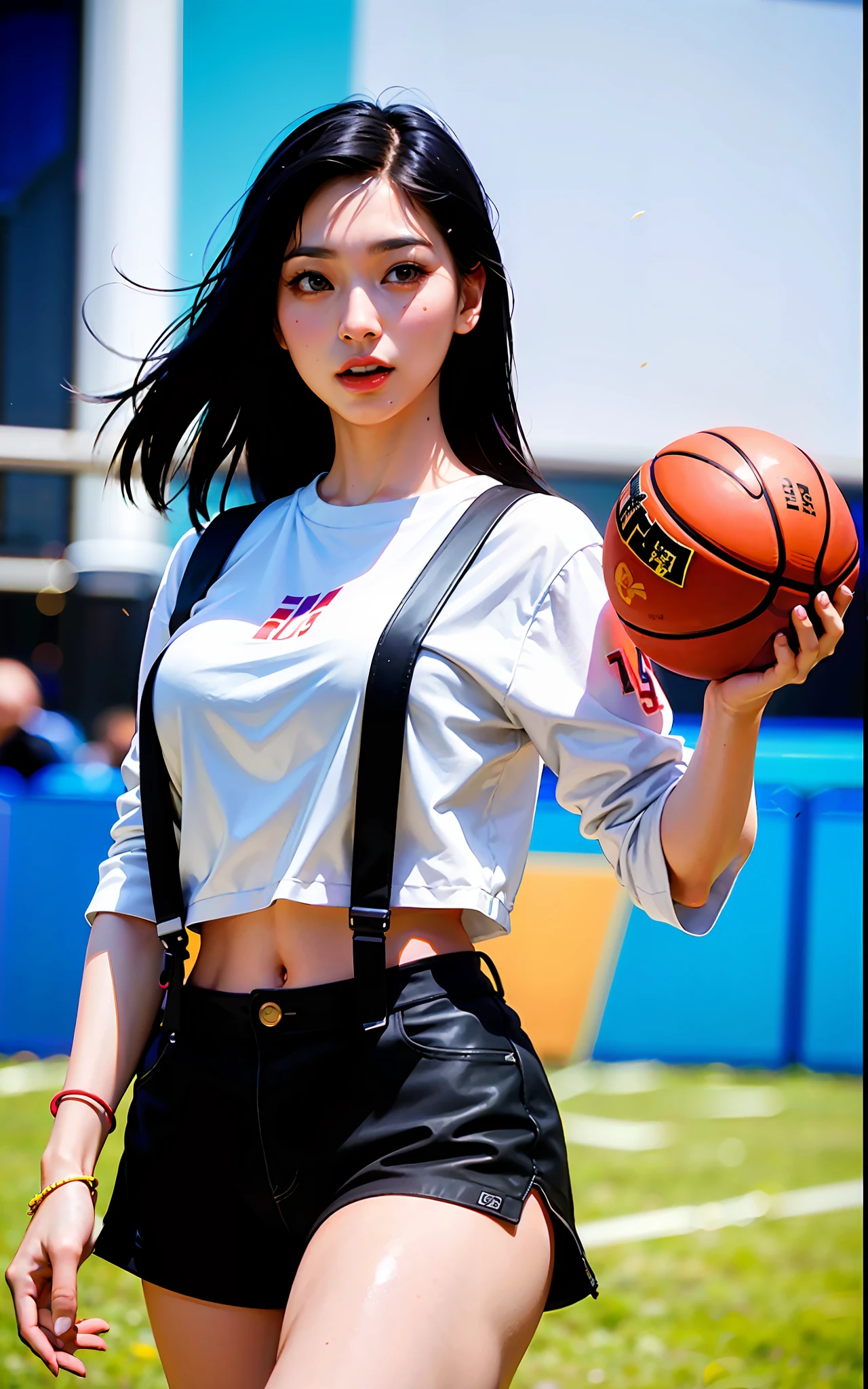 arafed asian woman holding a basketball and posing for a picture, sun yunjoo, shot on nikon z9, jaeyeon nam, hot with shining sun, captured on canon eos r 6, korean girl, tifa, shot on canon eos r 5, shot on canon eos r5, taejune kim, roseanne park of blackpink, tzuyu from twice