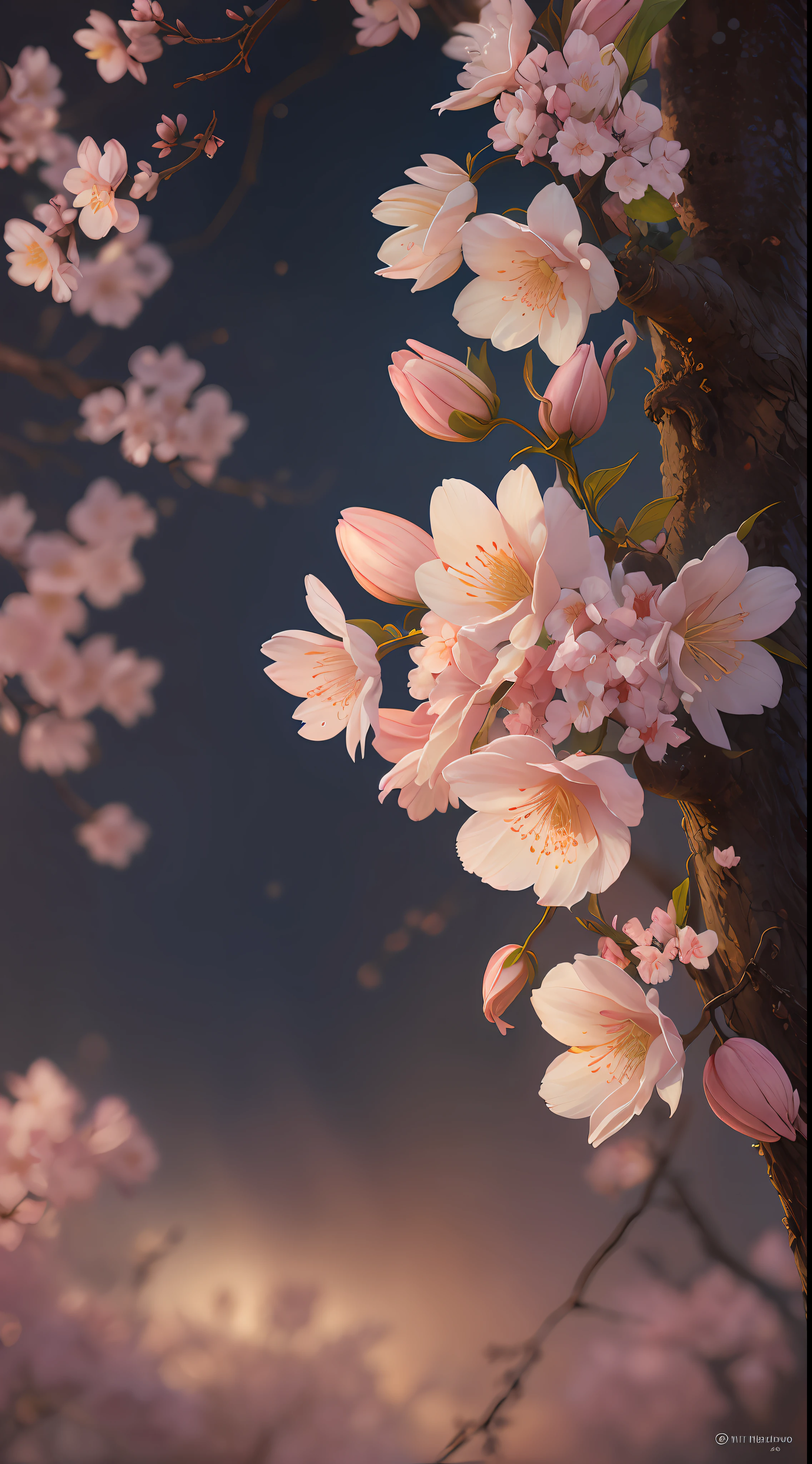 A flower by Casey Weldon, Olga Kvasha, Miho Hirano, hyperdetailed intricately detailed gothic art trending on Artstation triadic colors Unreal Engine 5 detailed matte painting, deep color, fantastical, intricate detail, splash screen, complementary colors, fantasy concept art, 8k resolution, gothic deviantart masterpiece, (dark shot:0.9), art by greg rutkowski and artgerm, soft cinematic light, adobe lightroom, photolab, hdr, intricate, highly detailed,   cherry blossom,