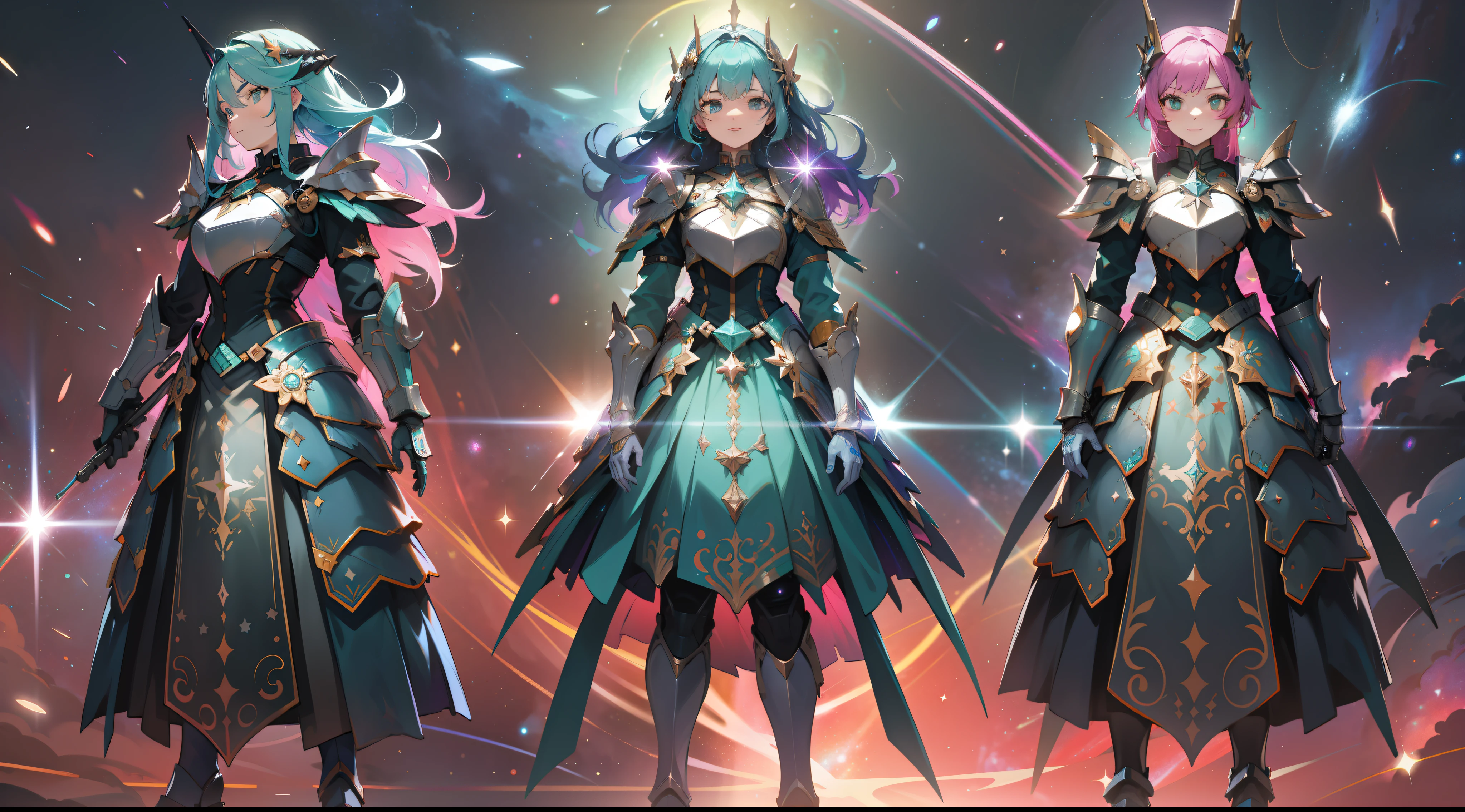3 women with rainbow colored hair and detailed teal dress armor, standing, rainbow colored cosmic nebula background, stars, galaxies, intricate details, perfect face