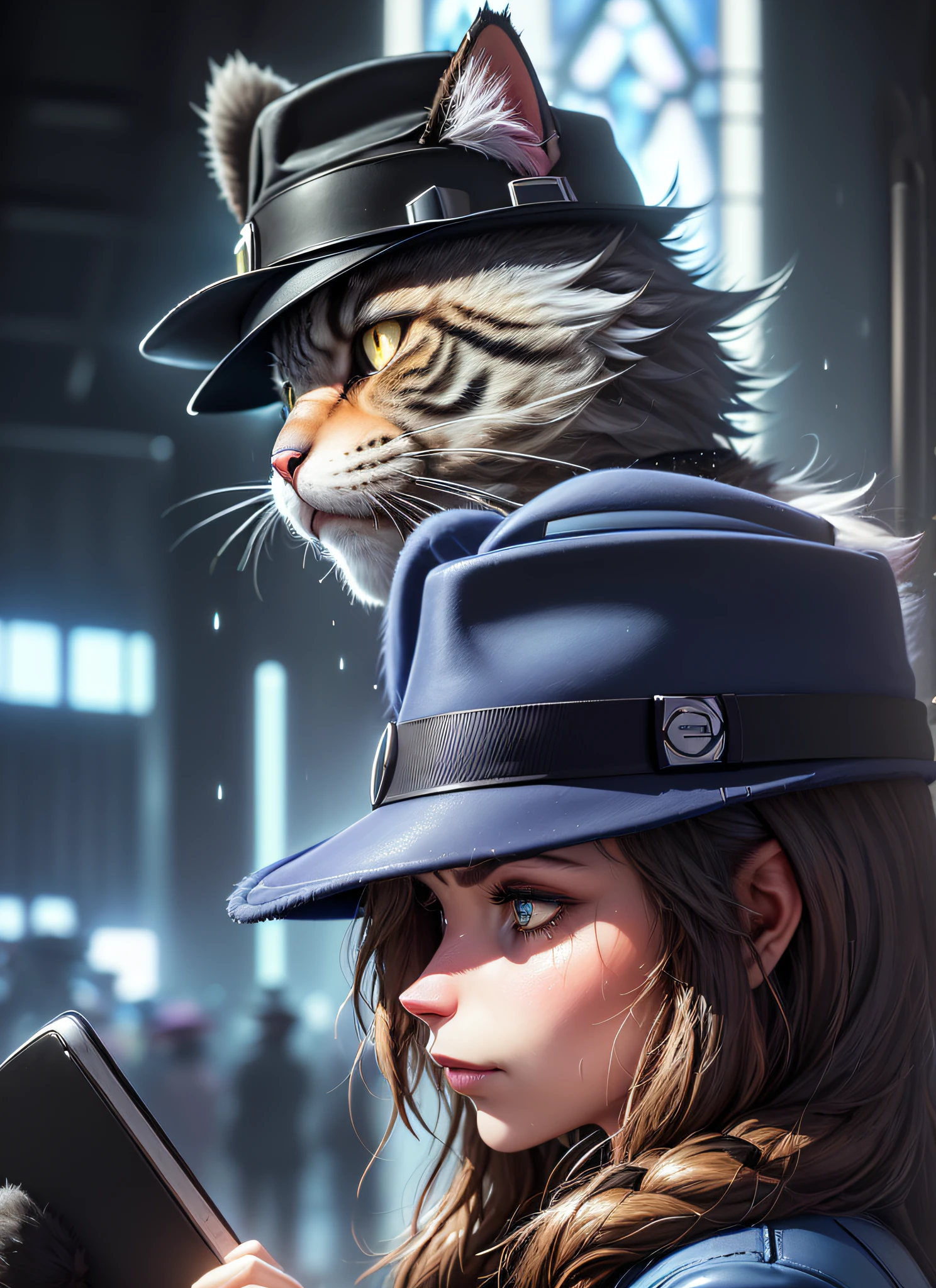 (close-up on face)), ((side view)), (furry:1.2), (hairy anthropomorphic cat, looking at a cell phone, ((fedora hat)), the glow of the cell phone reflected on the face :1.2), (heavy rain), cyberpunk buildings,(( it is wet, it is possible to see the gocas falling on the tip of the chapel))