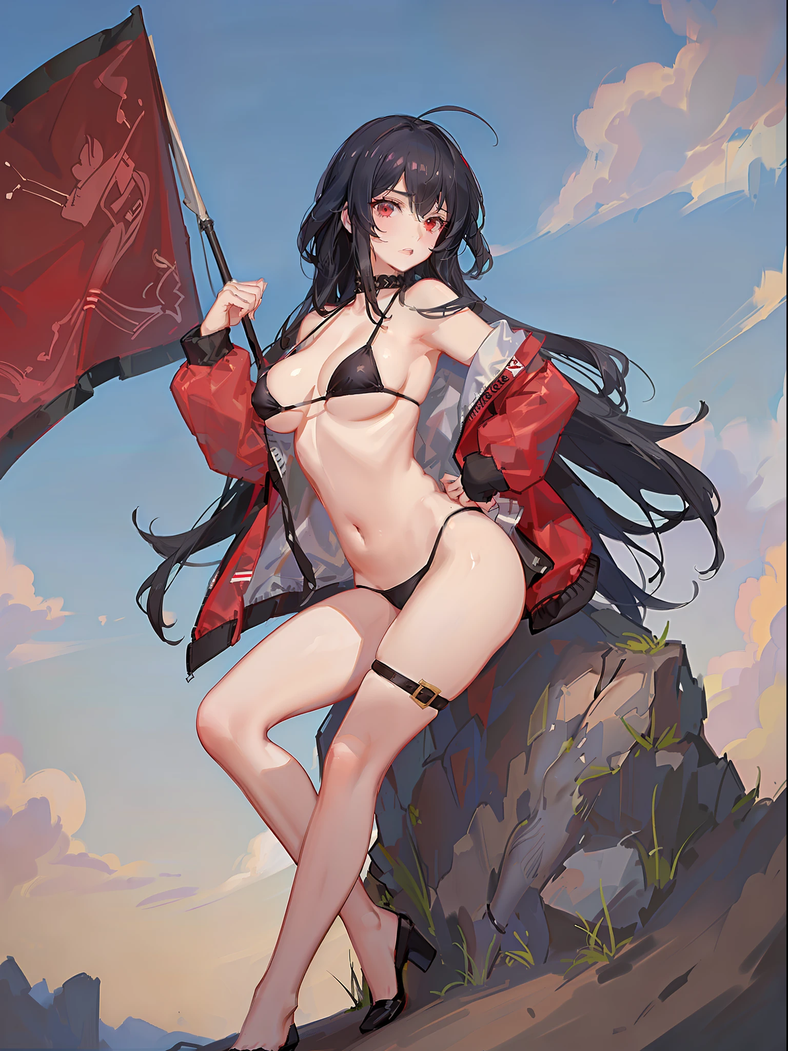1girl, masterpiece, best quality, taihourq, solo, looking at viewer, large breasts, standing, black bikini, multi-strapped bikini, thigh strap, red jacket, thigh strap,