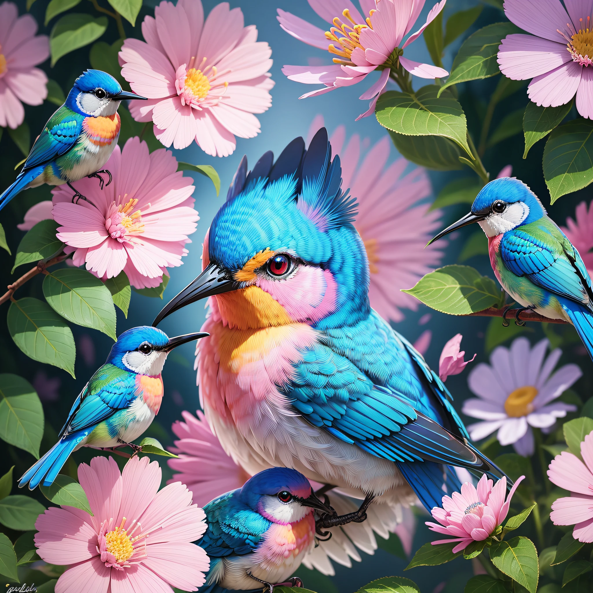 there is a blue bird sitting on a flower with pink flowers, beautiful nature, colorful hd picure, colorful birds, blue and pink colors, beautiful colorful, mobile wallpaper, beautiful wallpaper, canvas print, details and vivid colors, beautiful and colorful, colorful picture, pink and blue colors, beatiful backgrounds, hummingbird, colorful bird with a long, nature photo --auto --s2