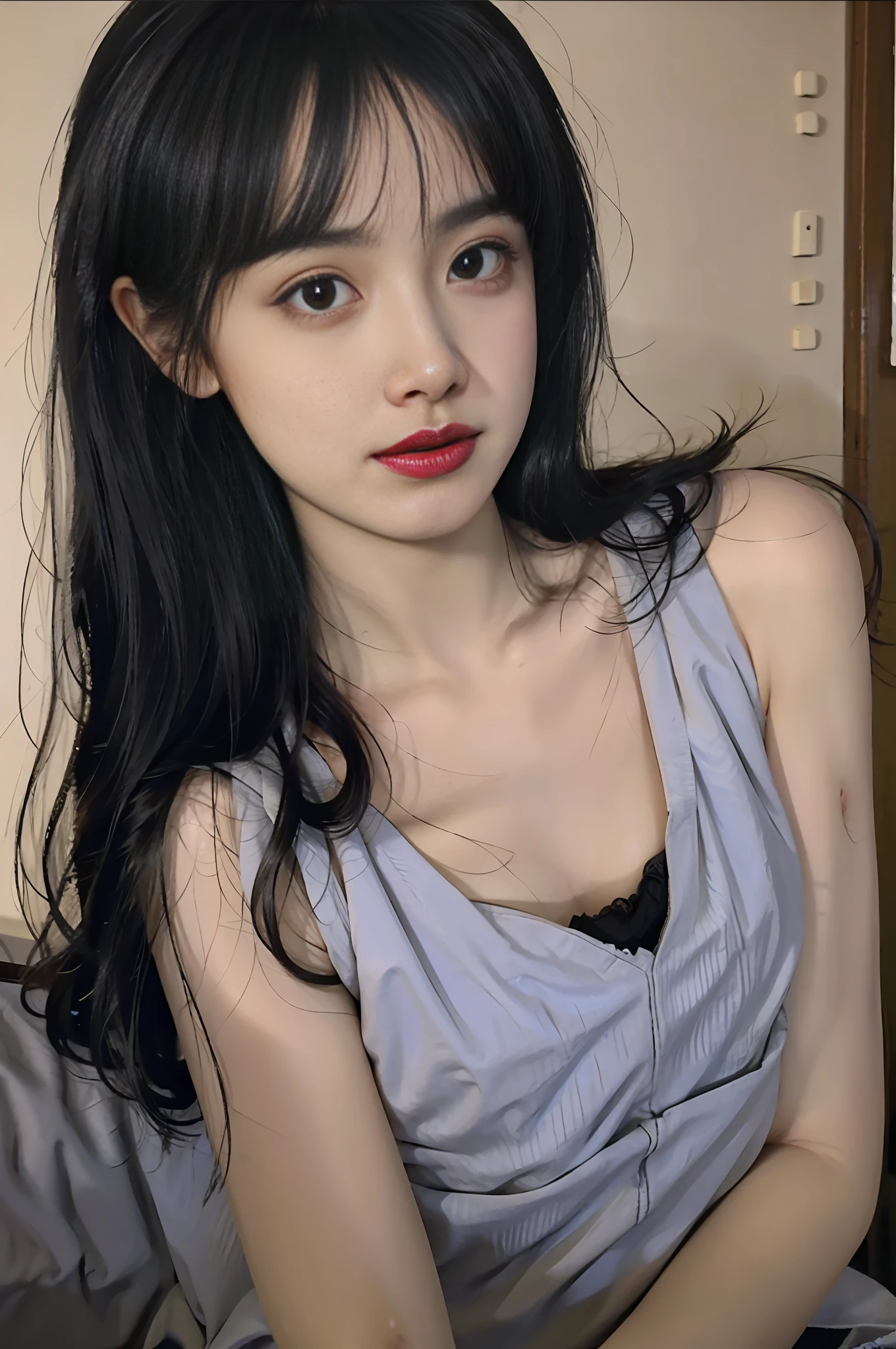 (Top quality, 8k, masterpiece: 1.3)), beauty, hidden face, 1 girl, beauty: 1.3, slender abs: 1.1, camisole vest, long black hair, (sitting on bed), ultra-detailed face, highly detailed lips, detailed eyes, double eyelids