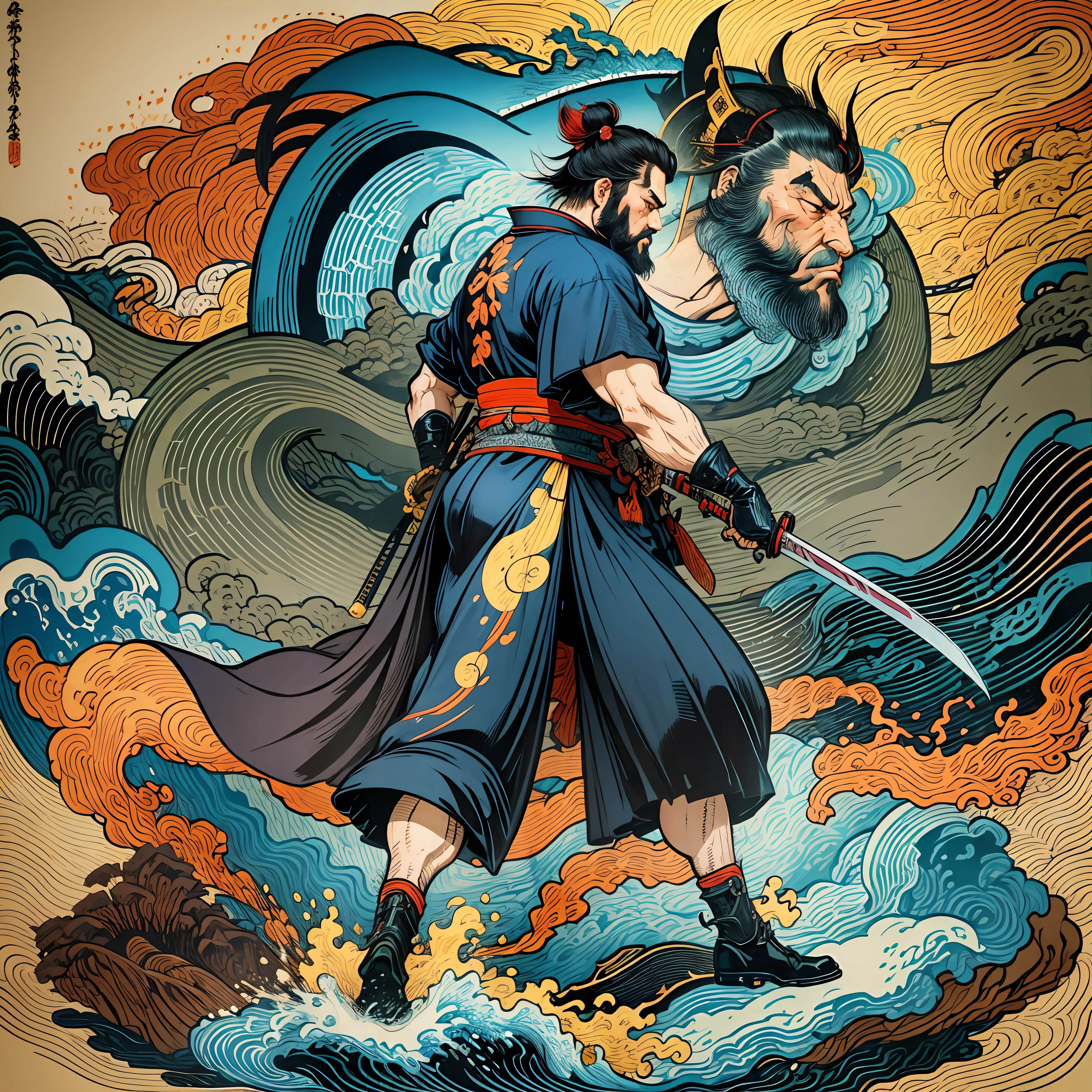 It is a full-body painting with natural colors with Katsushika Hokusai-style line drawings. The swordsman Miyamoto Musashi has a big body like a strongman. Samurai of Japan. With a dignified but manly expression of determination, he confronts evil spirits. He has black short hair and a short, trimmed beard. His upper body is covered in a black kimono and his hakama is knee-long. In his right hand he holds a Japan sword with a longer sword part. Ukiyo-e style in the highest quality, masterpiece high resolution. In the background is a yellow-faced lightning monster and a red-faced yokai in swirling flames. Miyamoto Musashi stands with his face and body facing forward, his back straight.
