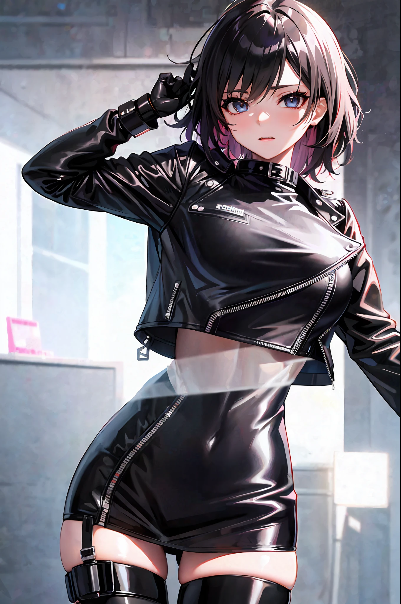anime girl in black leather outfit posing with hat and leather jacket, seductive anime girl, smooth anime cg art, female action anime girl, dressed in short leather jacket, cyberpunk anime girl, badass anime 8 k, female cyberpunk anime girl, best anime 4k konachan wallpaper, she wears leather jacket, dressed in leather jacket, 2b, 2 b