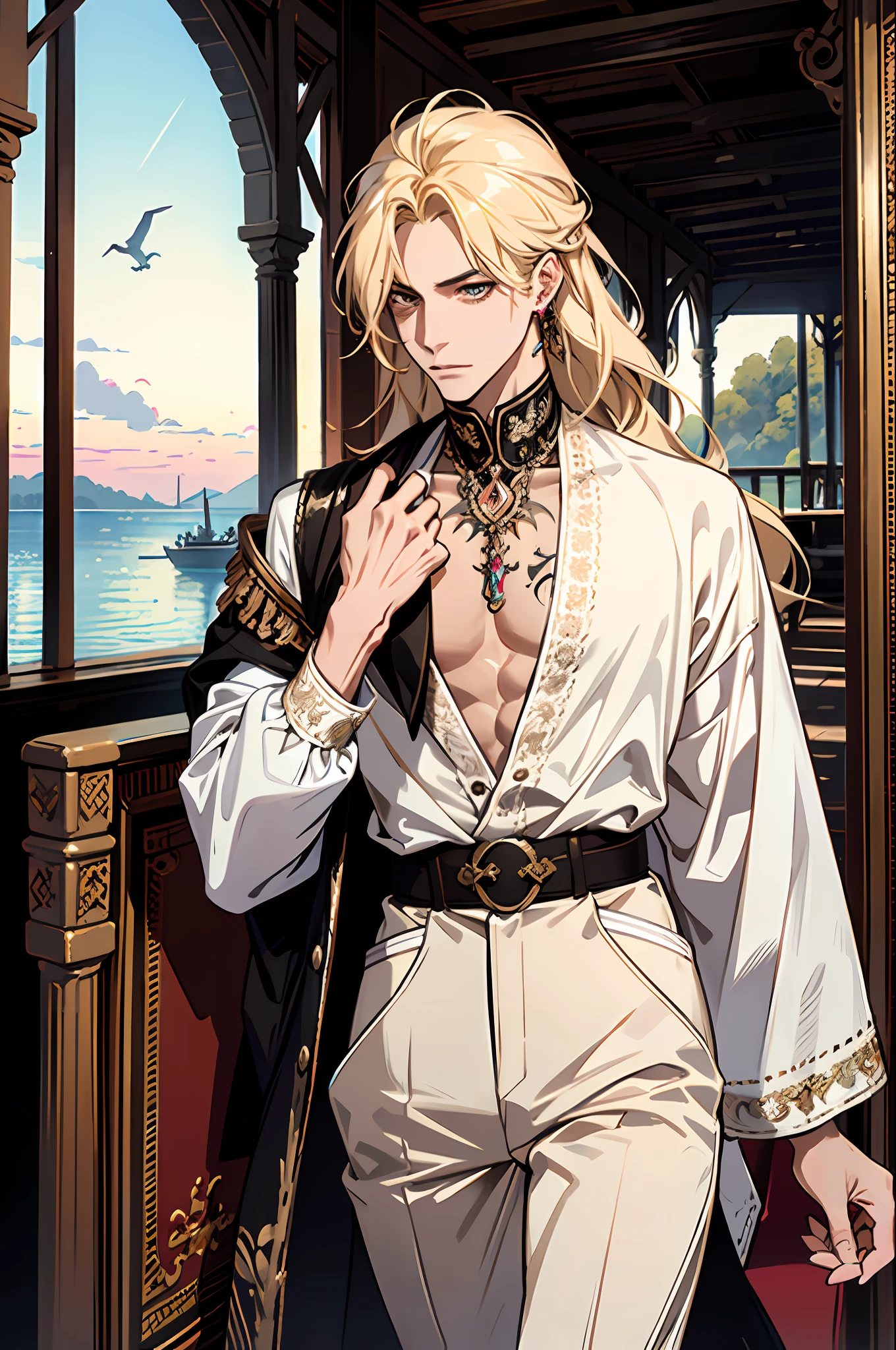 masterpiece, absurdres, best quality ,intricate details , (shiny skin, shiny body, shiny oily luster skin, shiny hair, pale skintone), pirate ship , Sundown , ((1man)), attractive, ((muscular)), adult, one eye patch, tattoo ,white blouse, earrings, brown pants, Parrot on the shoulder , Don't look at the view , Not looking at the view, blonde very long hair