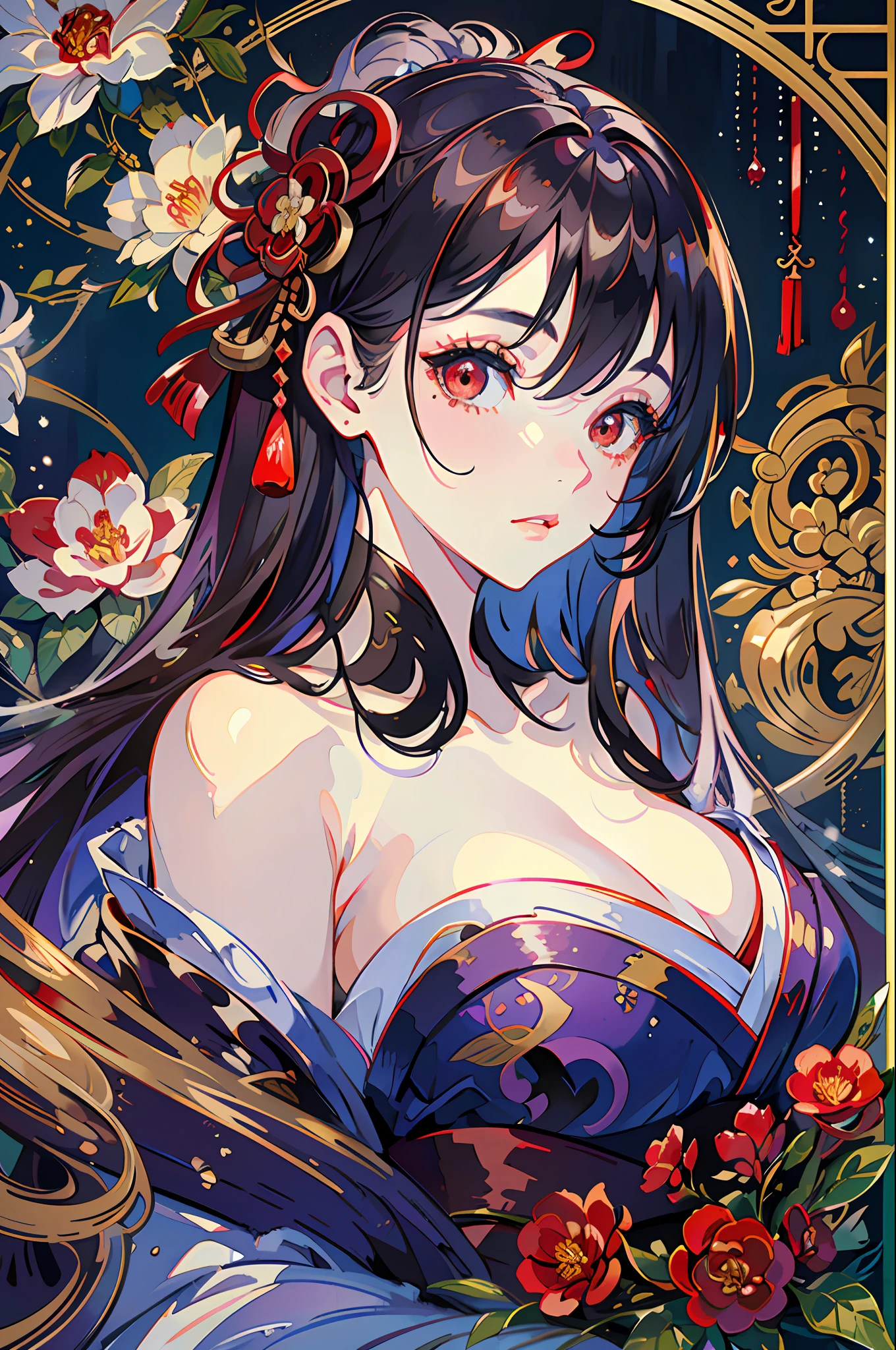 (masterpiece:1.2, best quality), (finely detailed beautiful eyes: 1.2), ((1girl)), ((solo)), (red eyes:1.4), (finely detailed eyes and detailed face:1.3), (beautiful and clear background:1.2), (extremely detailed CG, ultra-detailed, best shadow:1.1), ((depth of field)), ((watercolor)), (oni:1.5), (kimono:1.3), large breasts, bare shoulders, flowers and petals, beautiful concept illustration, (white background:0.5), (illustration:1.1), (extremely fine and beautiful:1.1), (perfect details:1.1), from side, cowboy shot,