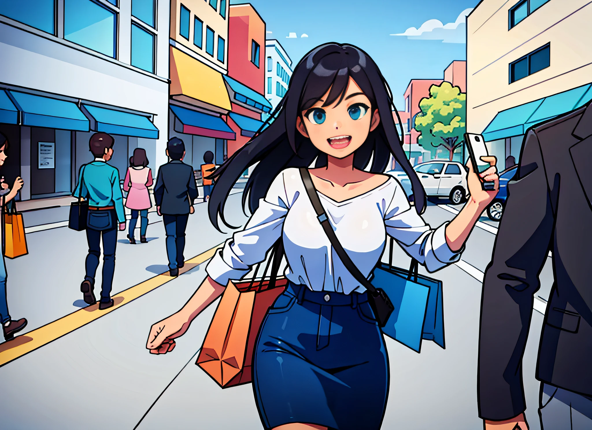 A modern shopping center. The girl wears fashionable clothes, carries shopping bags, and her face shows joy and satisfaction.