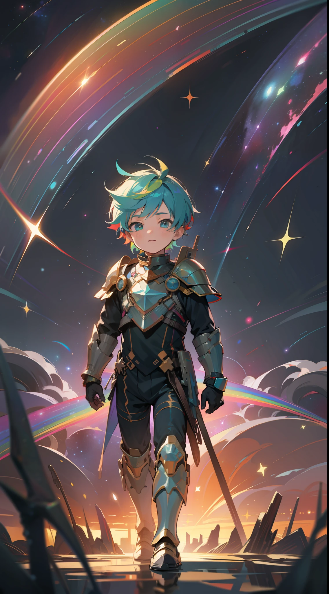a little boy with rainbow colored hair and rainbow teal armor, walking in the stars, rainbow colored cosmic nebula background, stars, galaxies