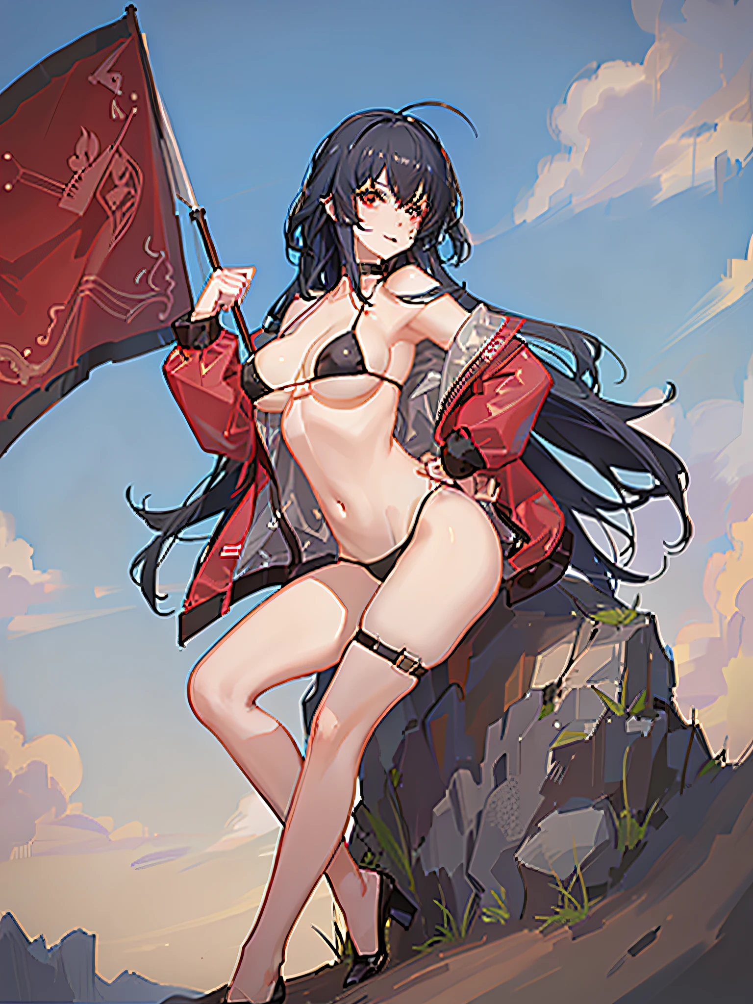 1girl, masterpiece, best quality, taihourq, solo, looking at viewer, large breasts, standing, black bikini, multi-strapped bikini, thigh strap, red jacket, thigh strap,