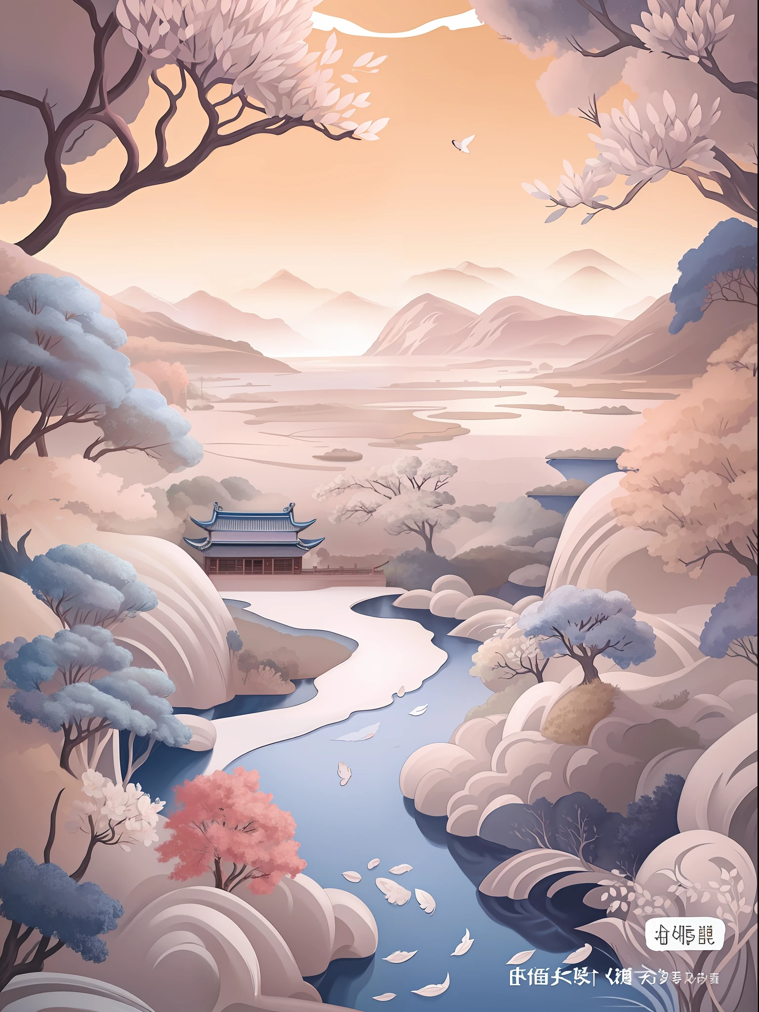 there is a painting of a landscape with a river and trees, a beautiful artwork illustration, detailed scenery —width 672, scenery artwork, scenery art detailed, 4k highly detailed digital art, chinese landscape, 2d matte illustration, 8k high quality detailed art, 4 k hd wallpaper illustration, 4k detailed digital art, beautiful digital artwork, landscape illustration