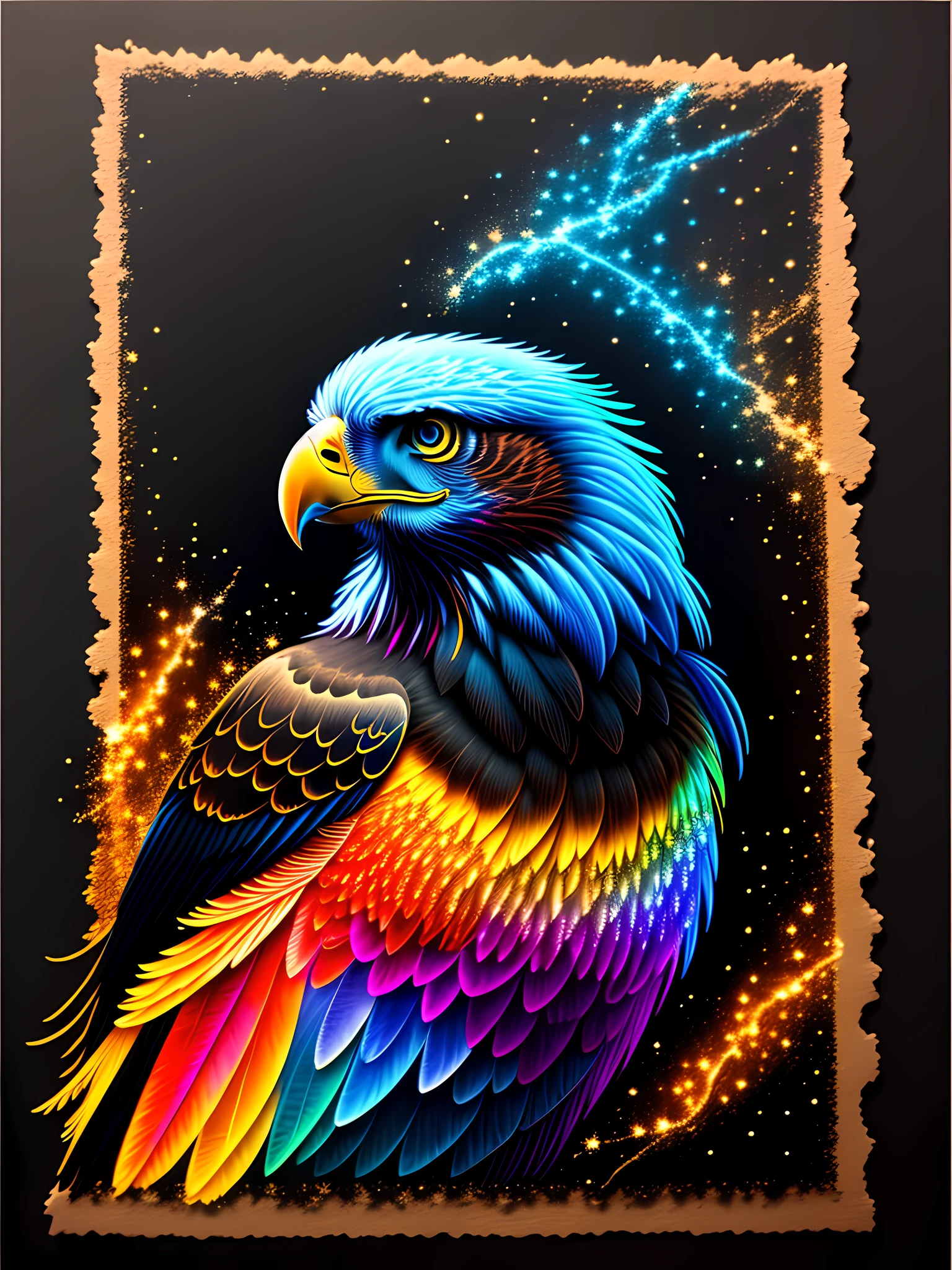 a painting of a colored eagle on a black background,, breathtaking rendering, within a radiant connection, inspired by Kinuko Y. Craft,, magical elements, kitten icon, wow, is beautiful, casting a multi colorful spell, bright flash, flash