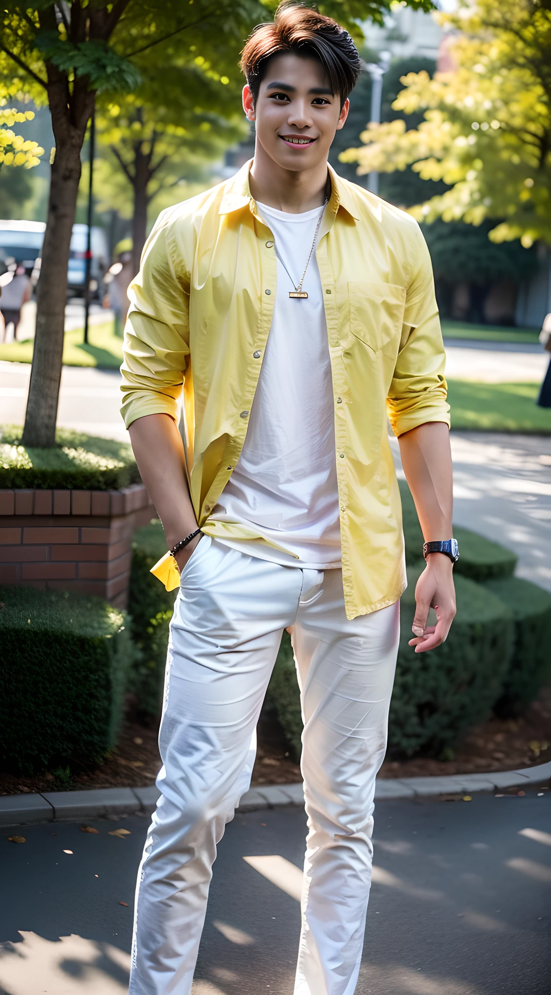 (man) (full body), the most beautiful handsome muscular high school boy in the world, wear yellow men's shirt, mischievous smile, in the park, (high detail: 1 1), natural skin, high quality, beautiful eyes, (detailed face and eyes), (face: 1 2), noise, actual photo, PSD, Sharp Focus, High Resolution 8K, Realistic and Professional Photography, 8K UHD, Soft Lighting, High Quality, Film Grain, FUJIFILM XT3